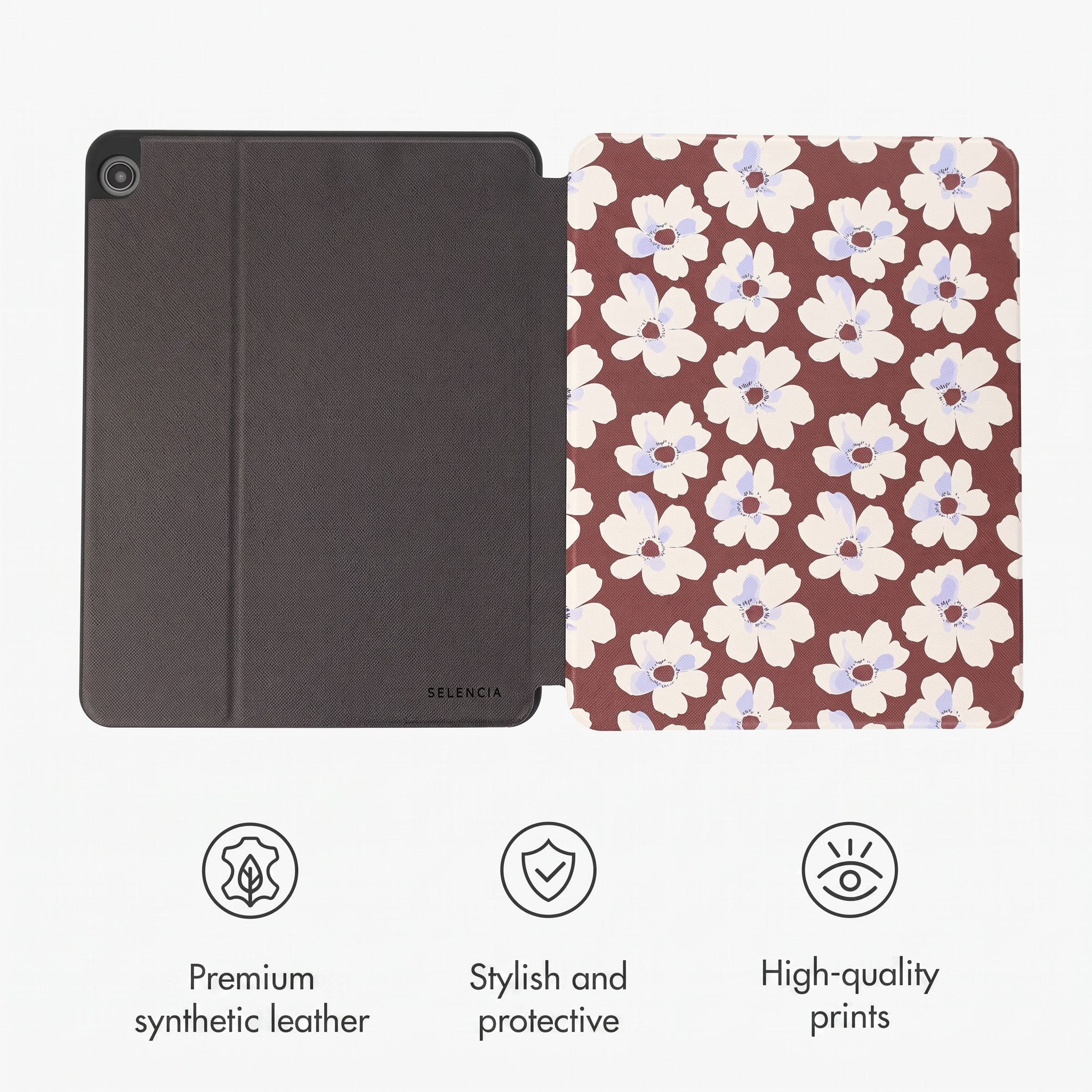 Un étui de tablette ouvert avec cuir synthétique marron à l'intérieur et motif floral rouge foncé à l'extérieur.