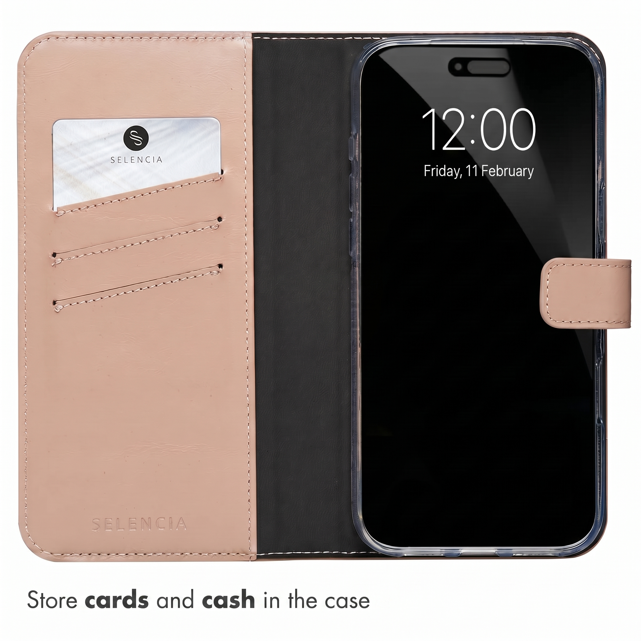 A pink leather phone flip case with a card slot and a smartphone inside.