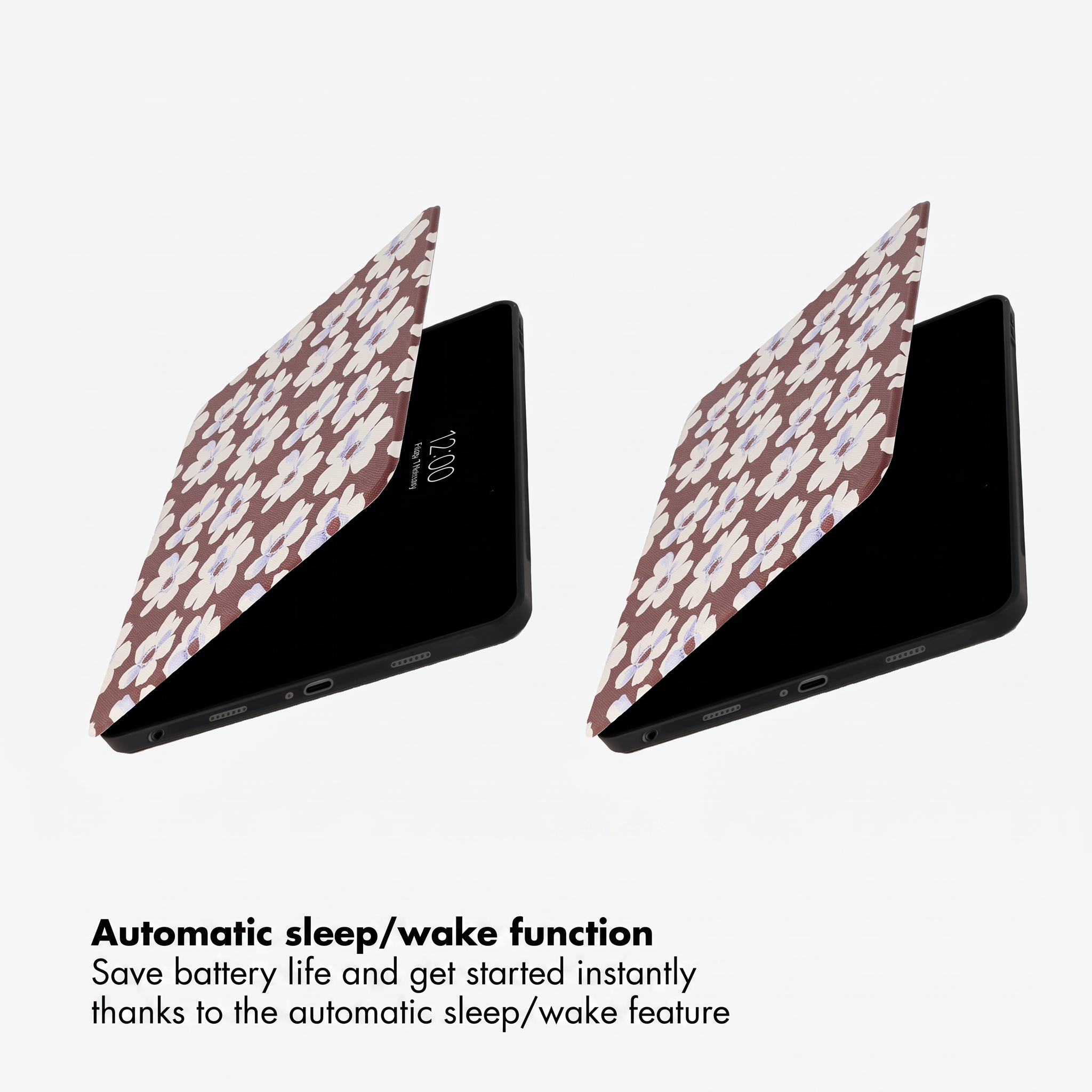 Deux étuis de tablette à motifs floraux sur fond marron illustrent la fonction veille/réveil automatique.