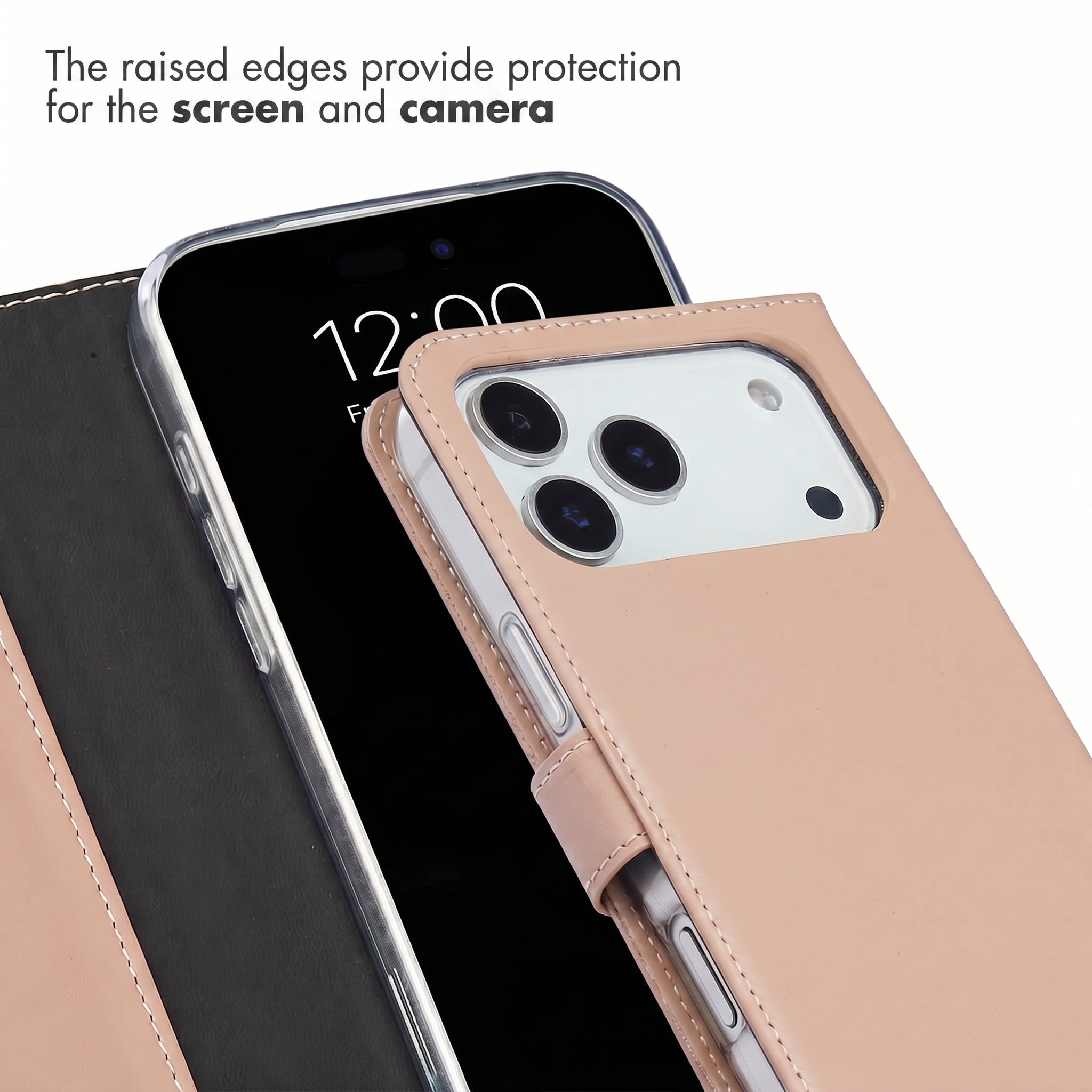 A pink folding phone case with a camera cutout and printed text about screen protection.