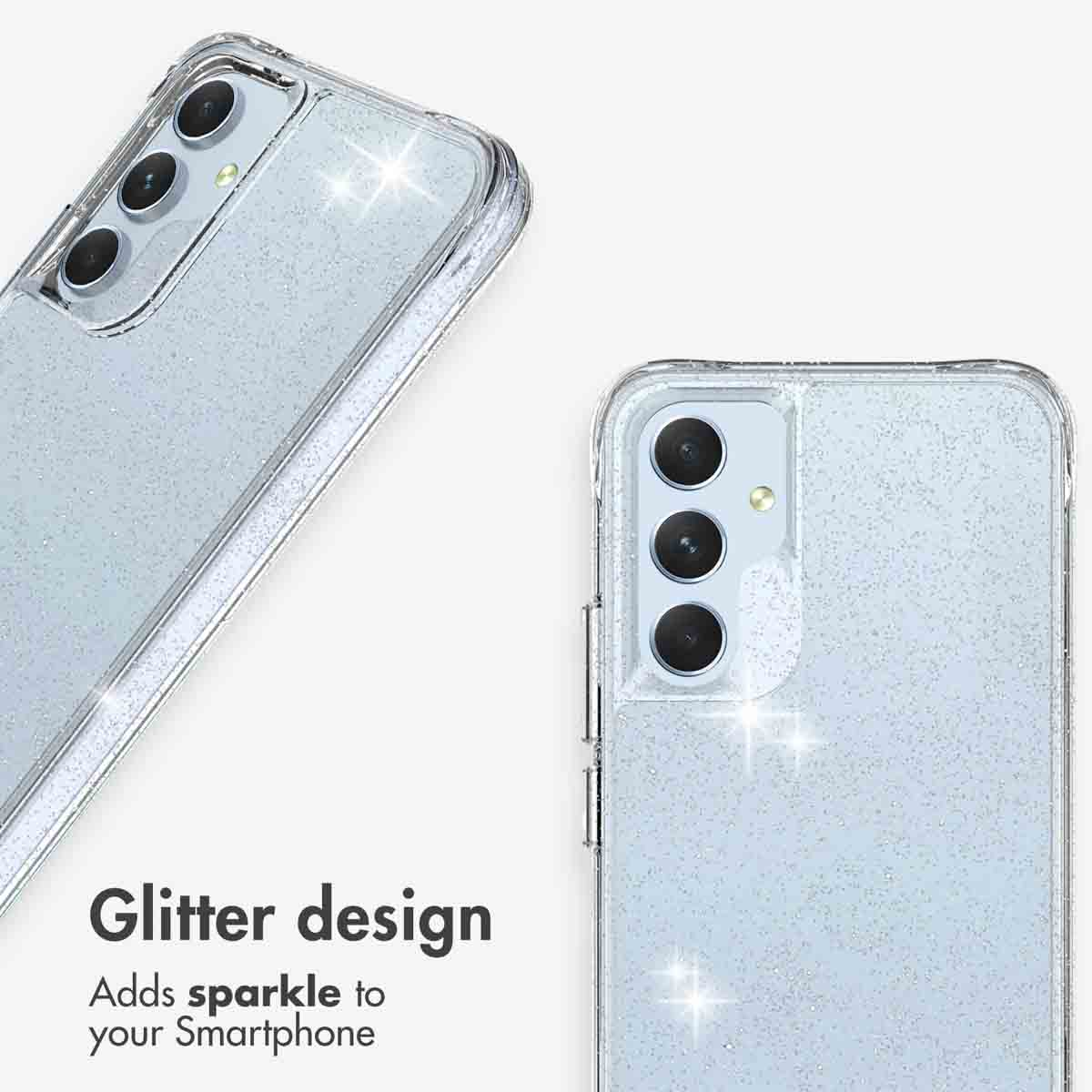 Zwei Smartphones in transparenten Glitzerhüllen auf weißem Hintergrund mit Text.