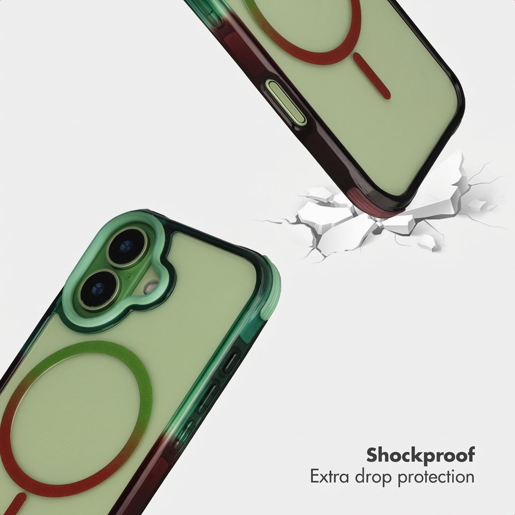 Dos fundas de teléfono verdes a prueba de golpes con anillos magnéticos sobre un fondo blanco con detalles agrietados.