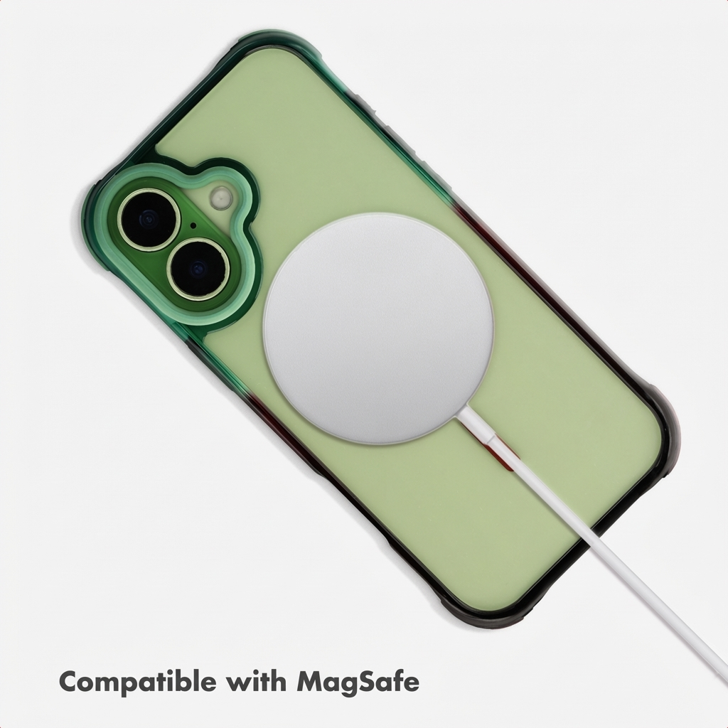 Smartphone verde en funda protectora con cargador MagSafe blanco sobre fondo blanco.