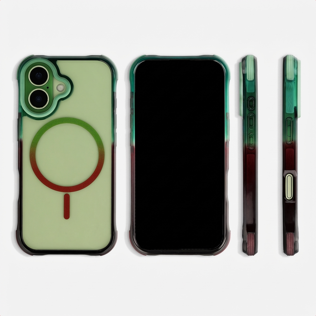 Funda de móvil verde con anillo MagSafe rojo, mostrada desde delante, detrás y los lados.