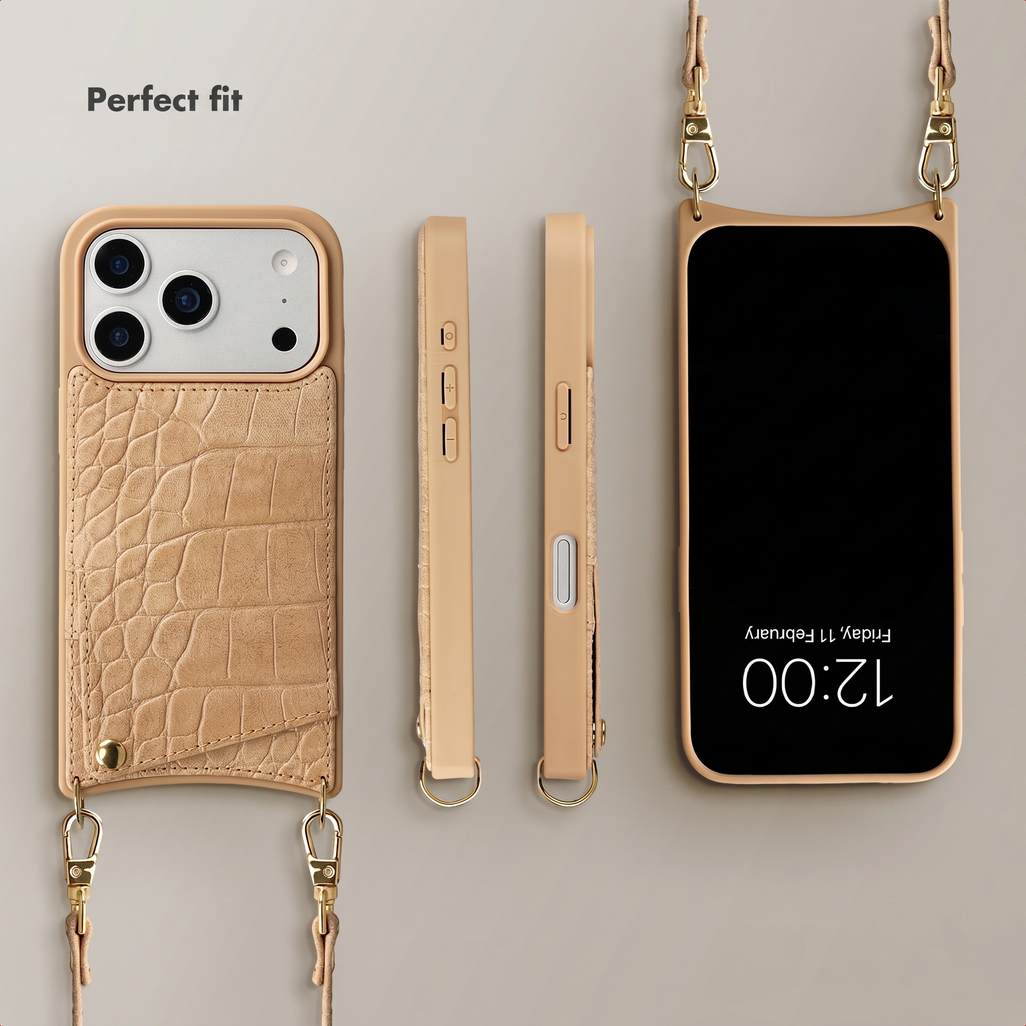 Funda de móvil beige con textura de cocodrilo, bolsillo para tarjetas y correa desde varios ángulos.