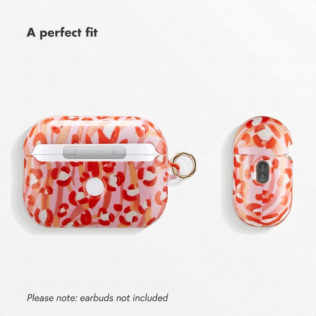 Estuche para AirPods Pro con patrón rosa, rojo y blanco sobre fondo blanco, con texto 'A perfect fit'.