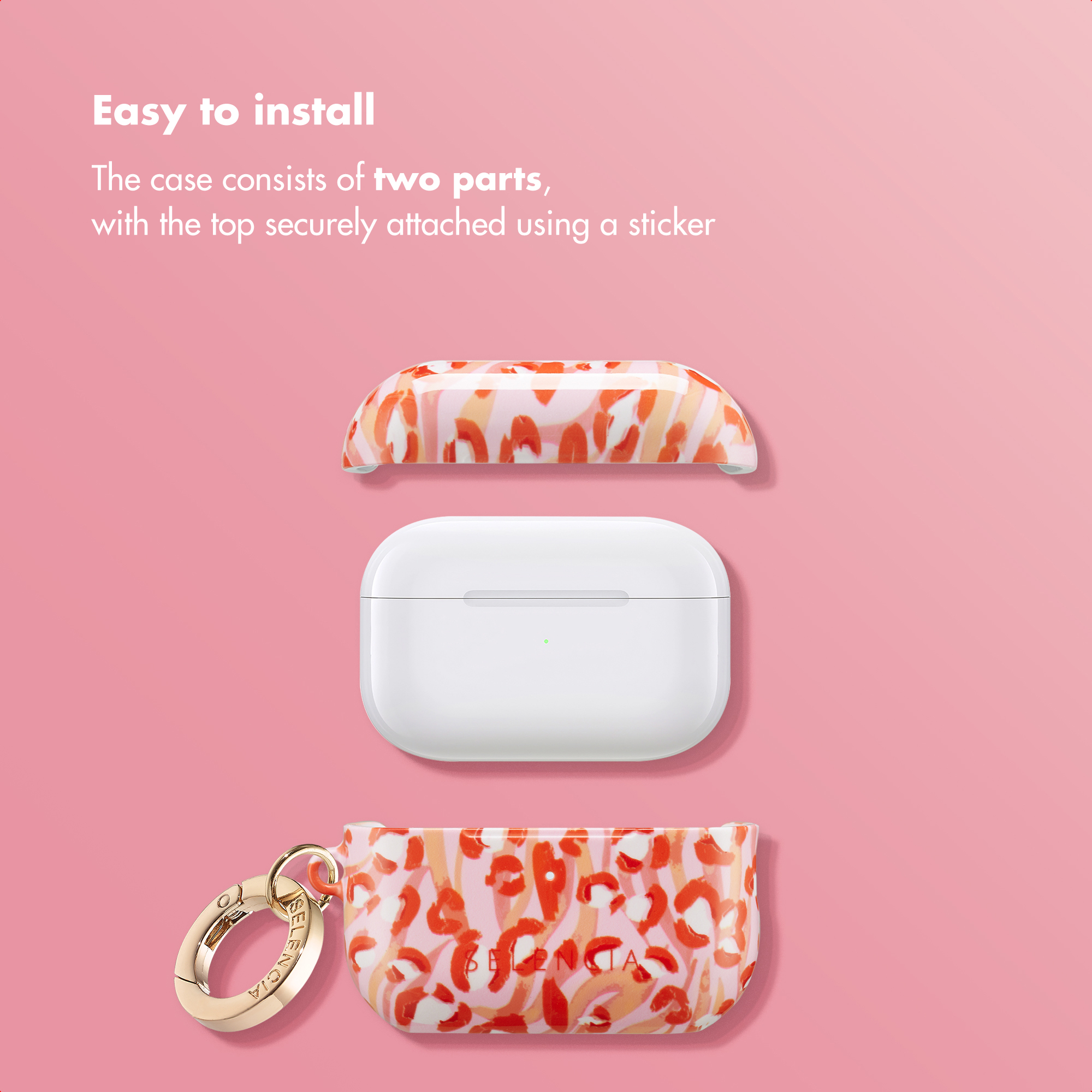 Una funda para AirPods de dos piezas con patrón naranja y rosa sobre fondo rosa.