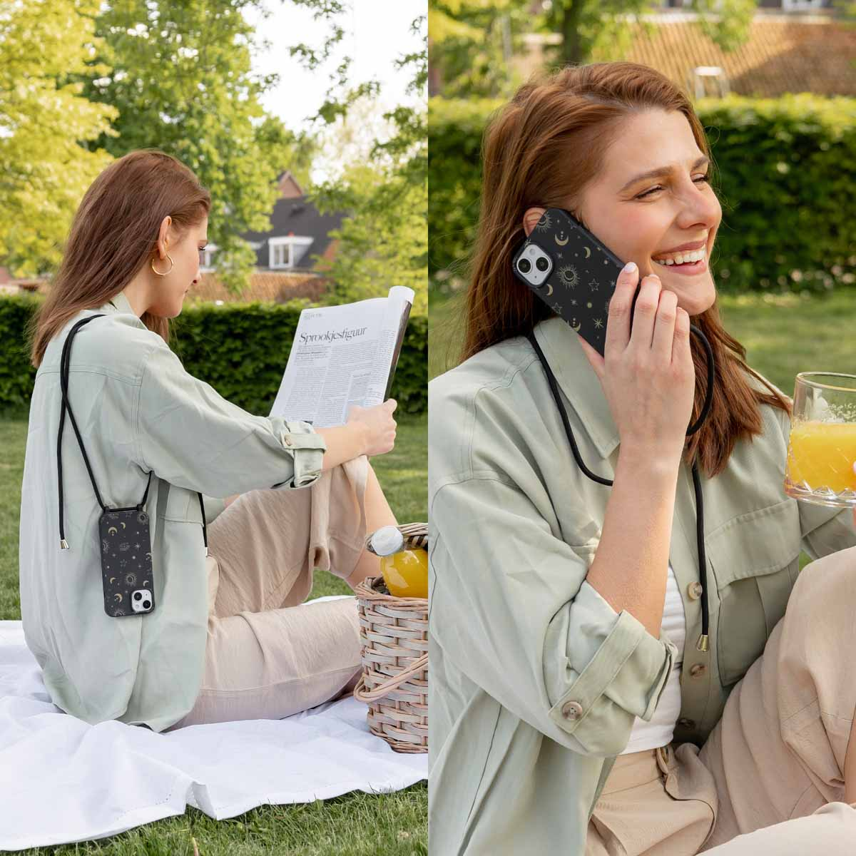 Una mujer con camisa verde está sentada en una manta de picnic, lee una revista y habla por teléfono.