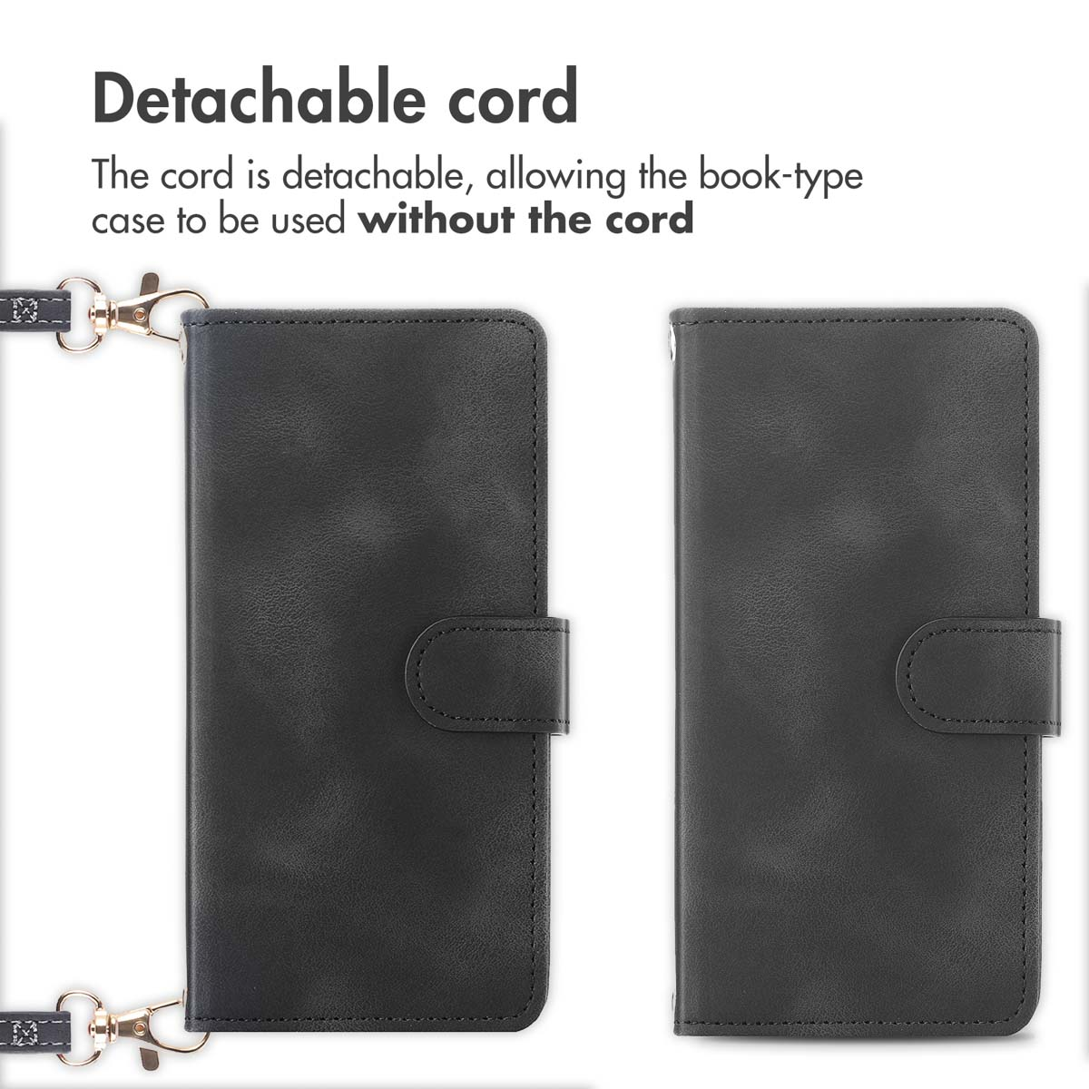Due custodie nere a libro per cellulare, una con cordino rimovibile e una senza.