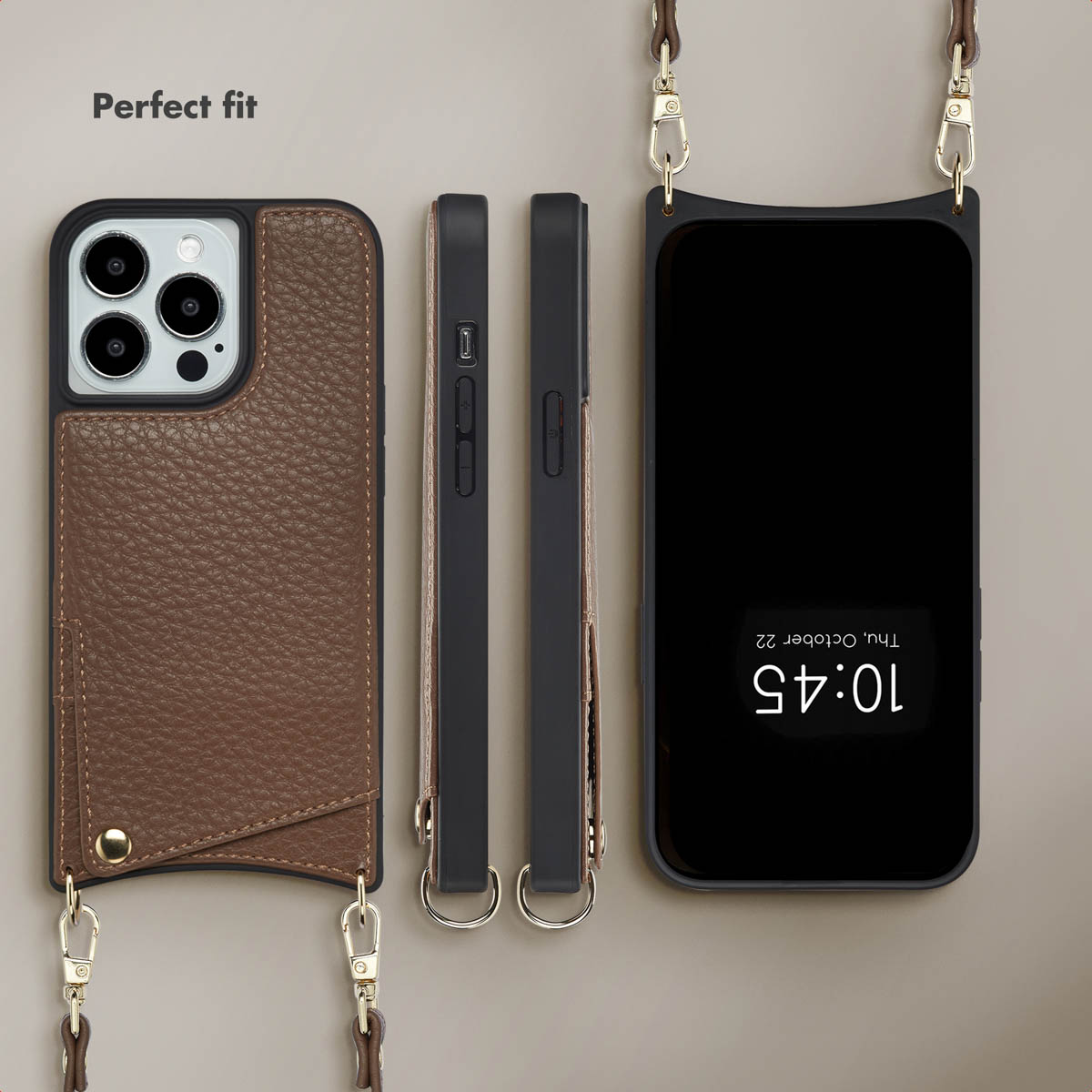 Funda de cuero marrón para teléfono con tarjetero y correa para el hombro desde varios ángulos.
