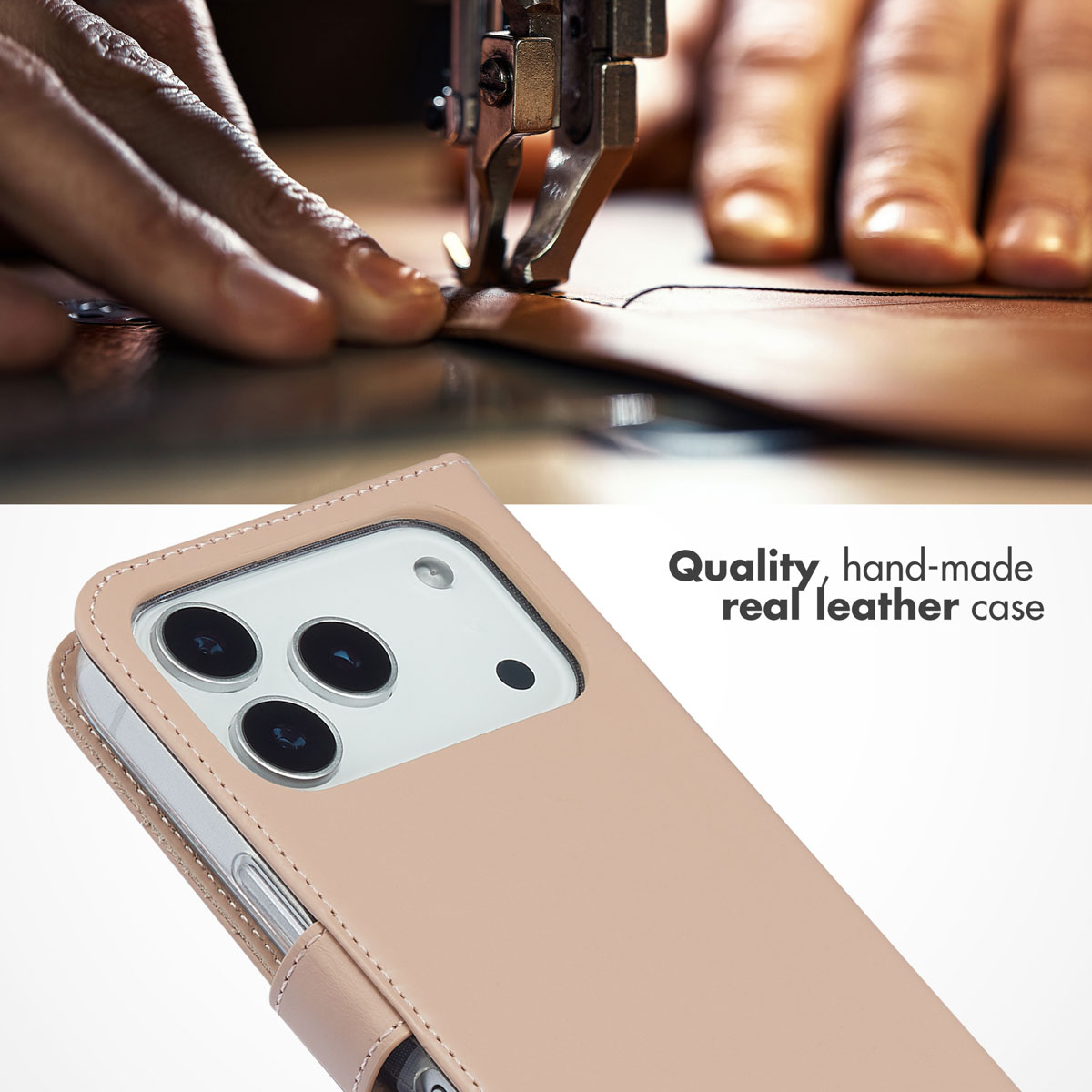 Custodia in pelle rosa fatta a mano per uno smartphone con tre lenti.