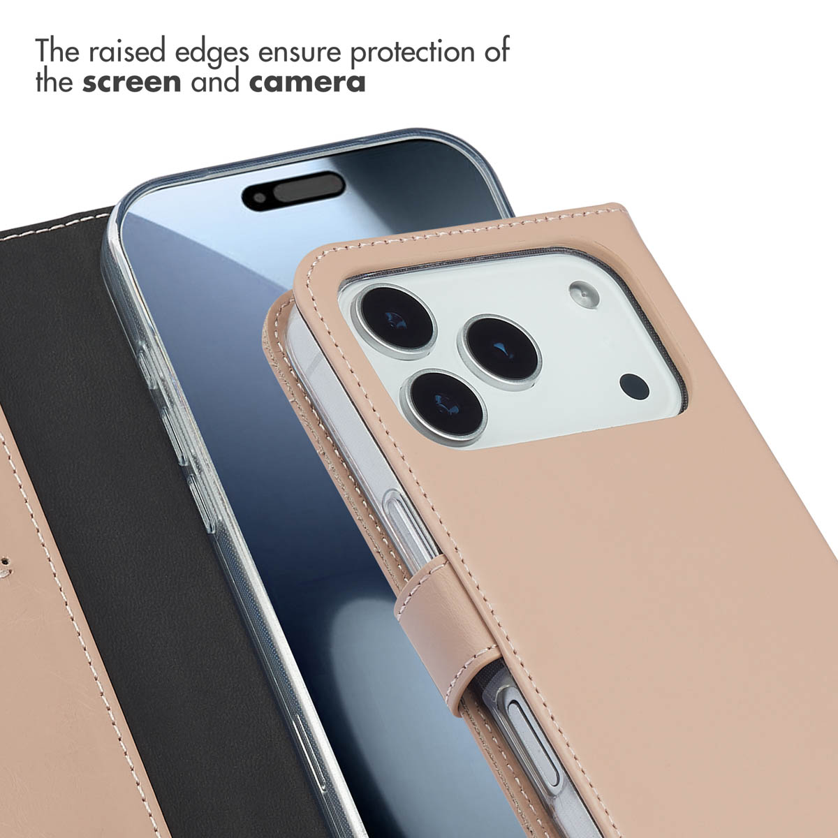 Uno smartphone in una custodia in pelle rosa con bordi rialzati per proteggere schermo e fotocamera.