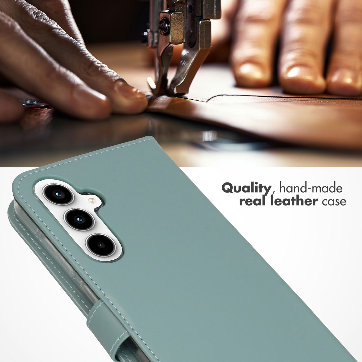 Gros plan sur une machine à coudre du cuir au-dessus d'une coque vert menthe.