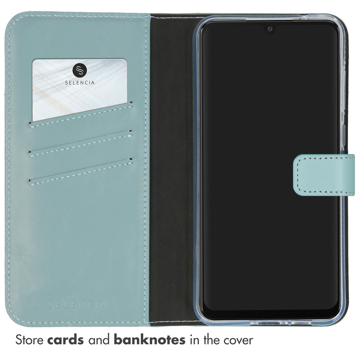 Étui portefeuille bleu pour téléphone avec fentes pour cartes et smartphone.
