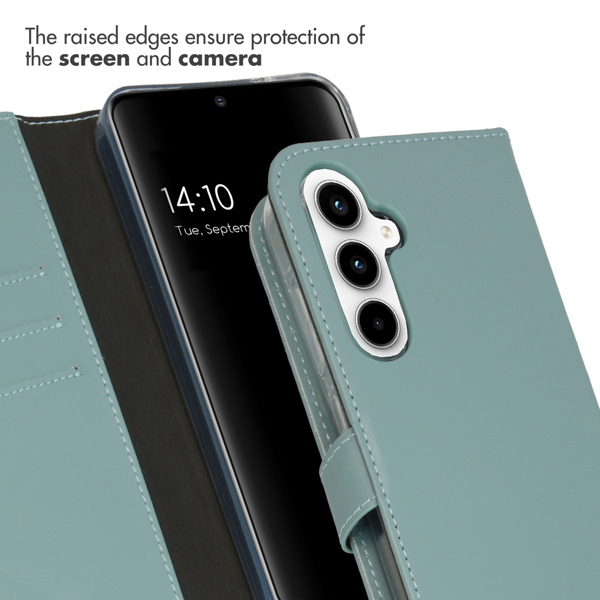Étui portefeuille bleu pour téléphone avec fentes pour cartes et découpes pour l'appareil photo.