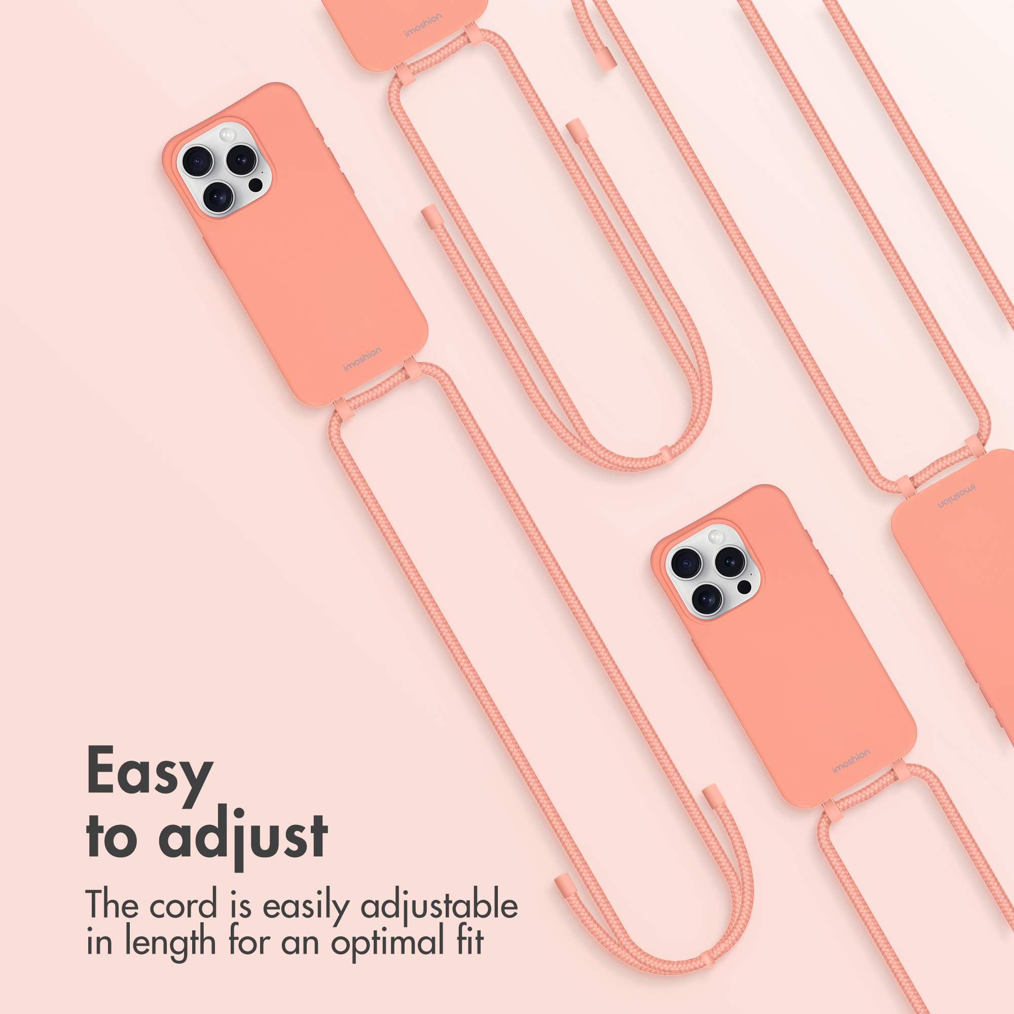 Coques de téléphone couleur pêche avec cordons réglables sur fond rose clair, texte soulignant l'ajustement.
