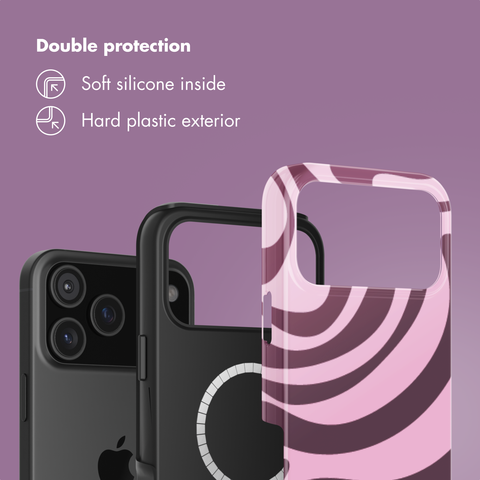 Smartphone-Hülle mit weicher Silikoninnenseite und hartem Plastikäußeren auf lilafarbenem Hintergrund.