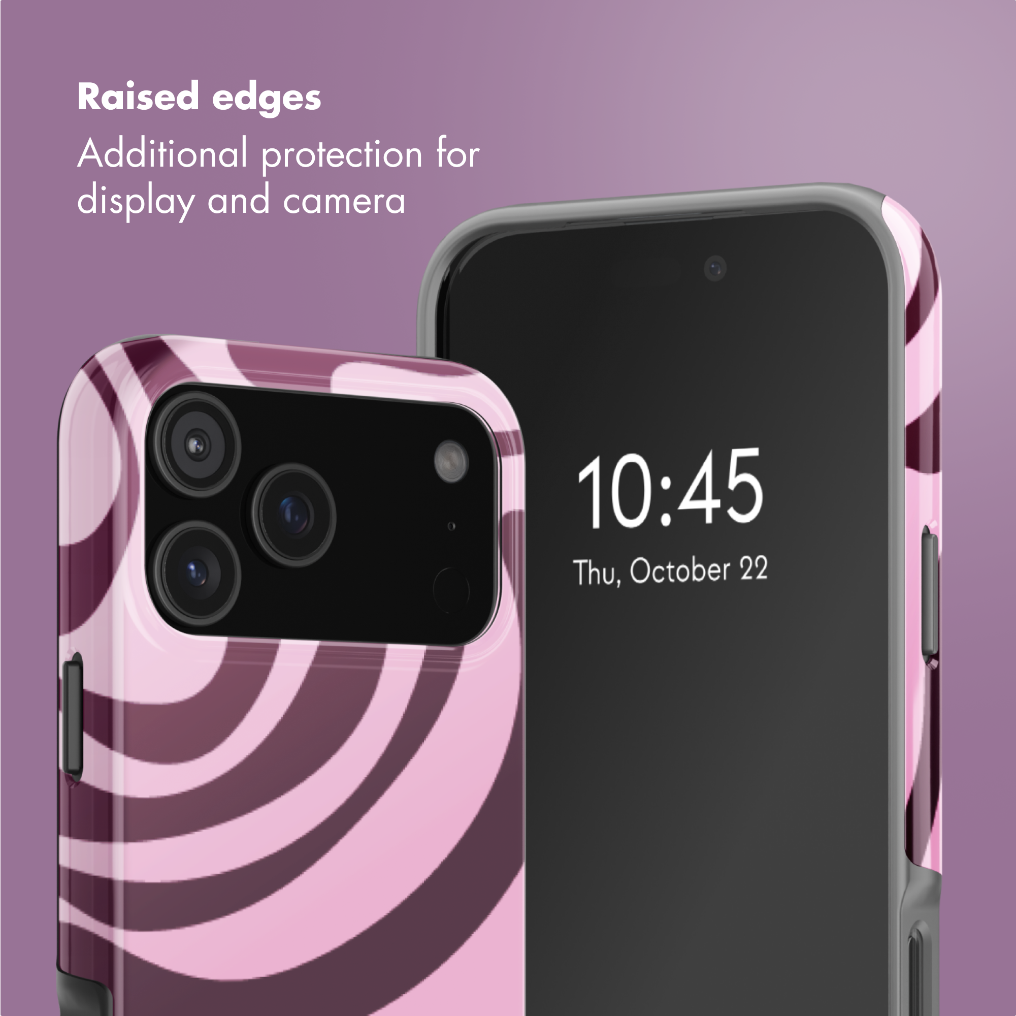 Zwei Handys in rosé-violetten Wirbelmuster-Hüllen mit dem Text Erhöhte Kanten für Display- und Kameraschutz.