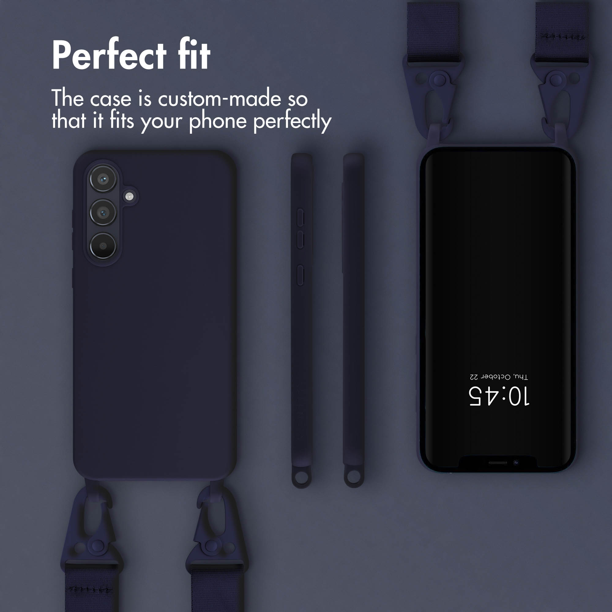 Coque de protection bleu foncé avec boutons et lanière assortis, texte "Perfect fit".