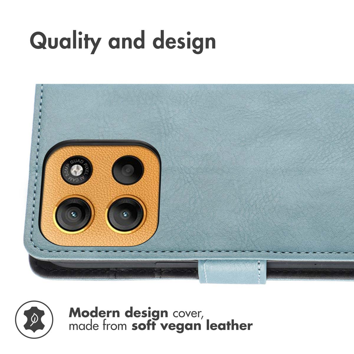 Custodia per telefono in pelle vegana azzurra con modulo fotocamera arancione.