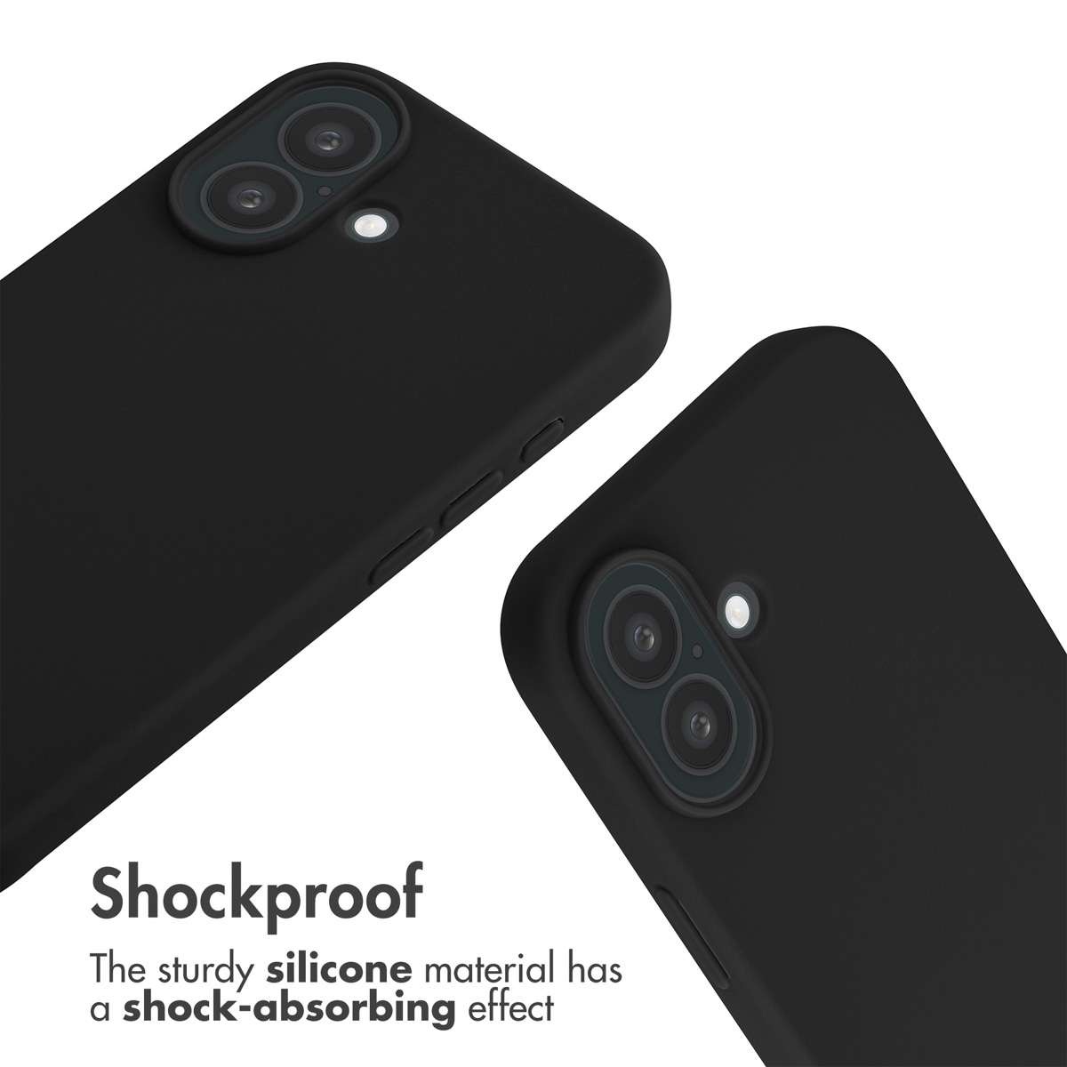 Dos fundas de silicona negra para teléfonos con recortes para la cámara y texto Shockproof.