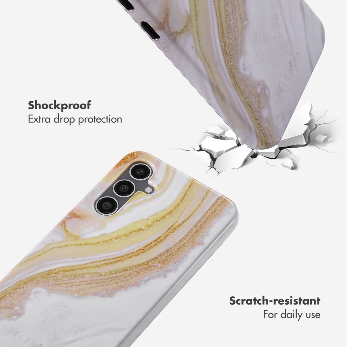 Coque de téléphone résistante aux chocs et aux rayures avec design en marbre blanc et or et texte.