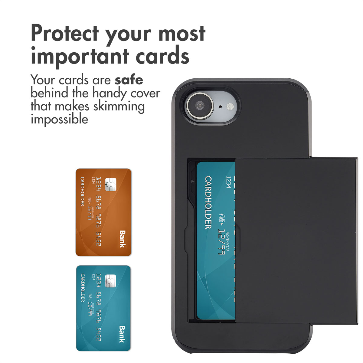 Custodia nera per smartphone con porta carte integrato, due carte di credito e testo pubblicitario su sfondo bianco.