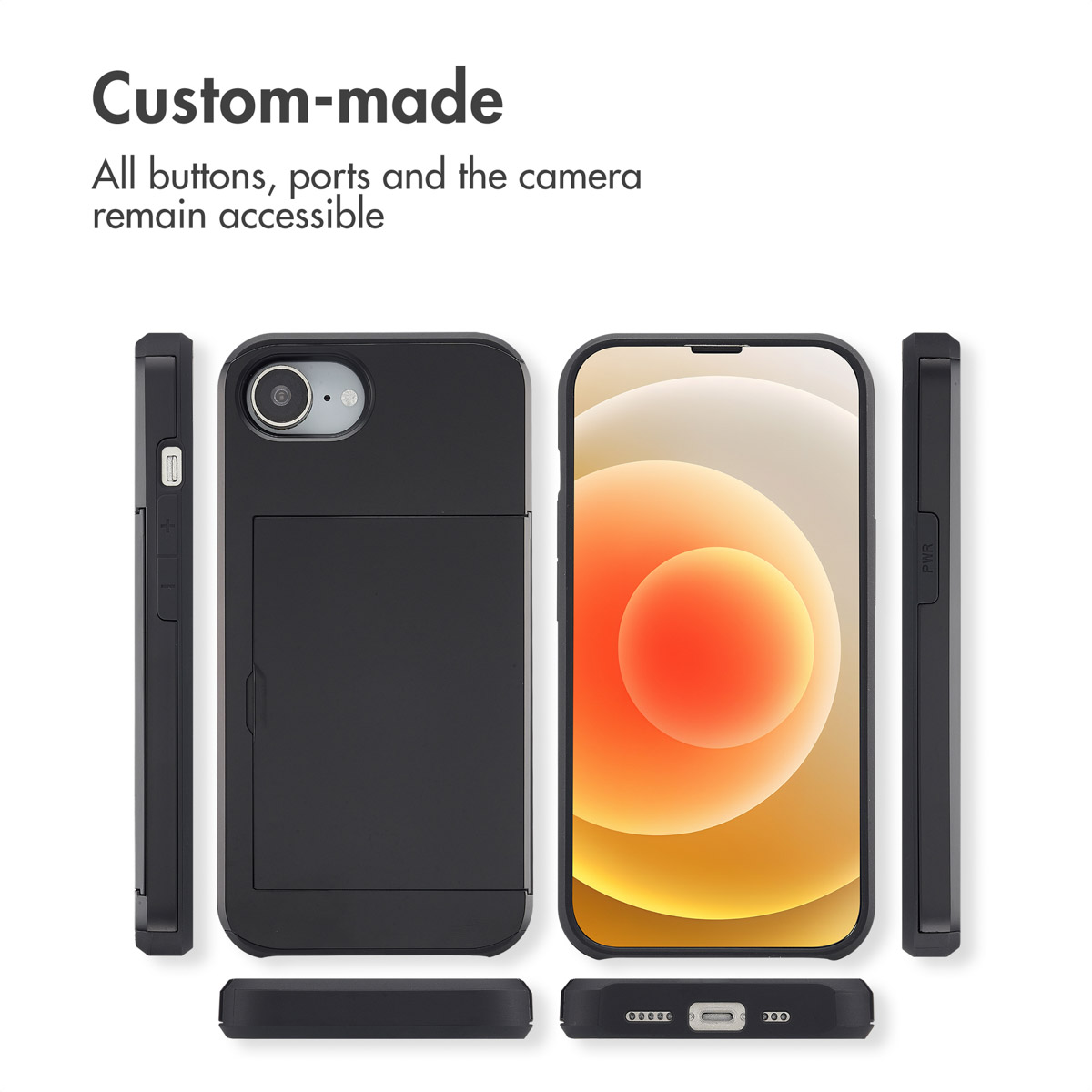Una cover per telefono nera che mostra viste posteriori, anteriori e laterali con pulsanti.