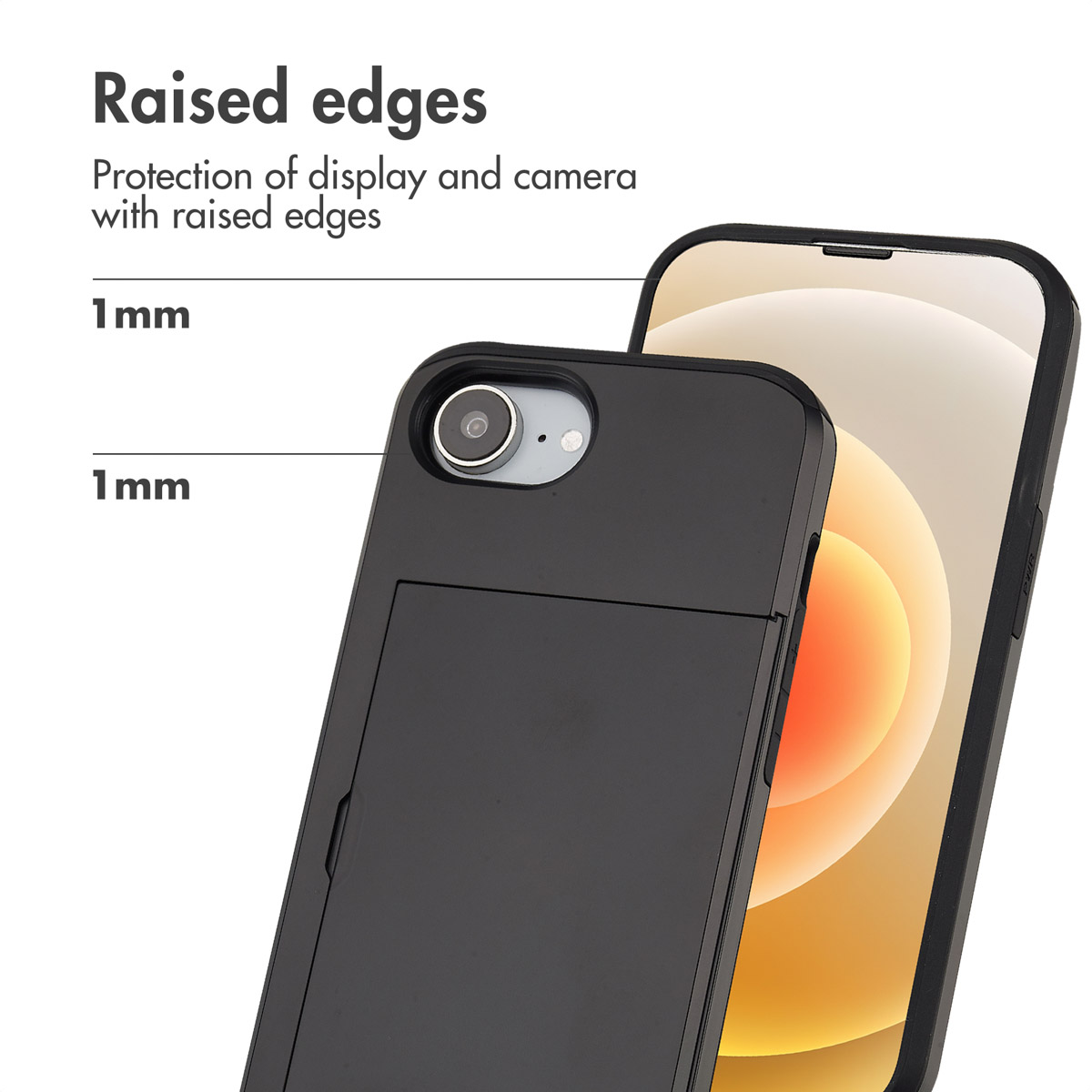 Cover per telefono nera con porta carte, mostra bordi rialzati di 1 mm per la protezione di display e fotocamera.