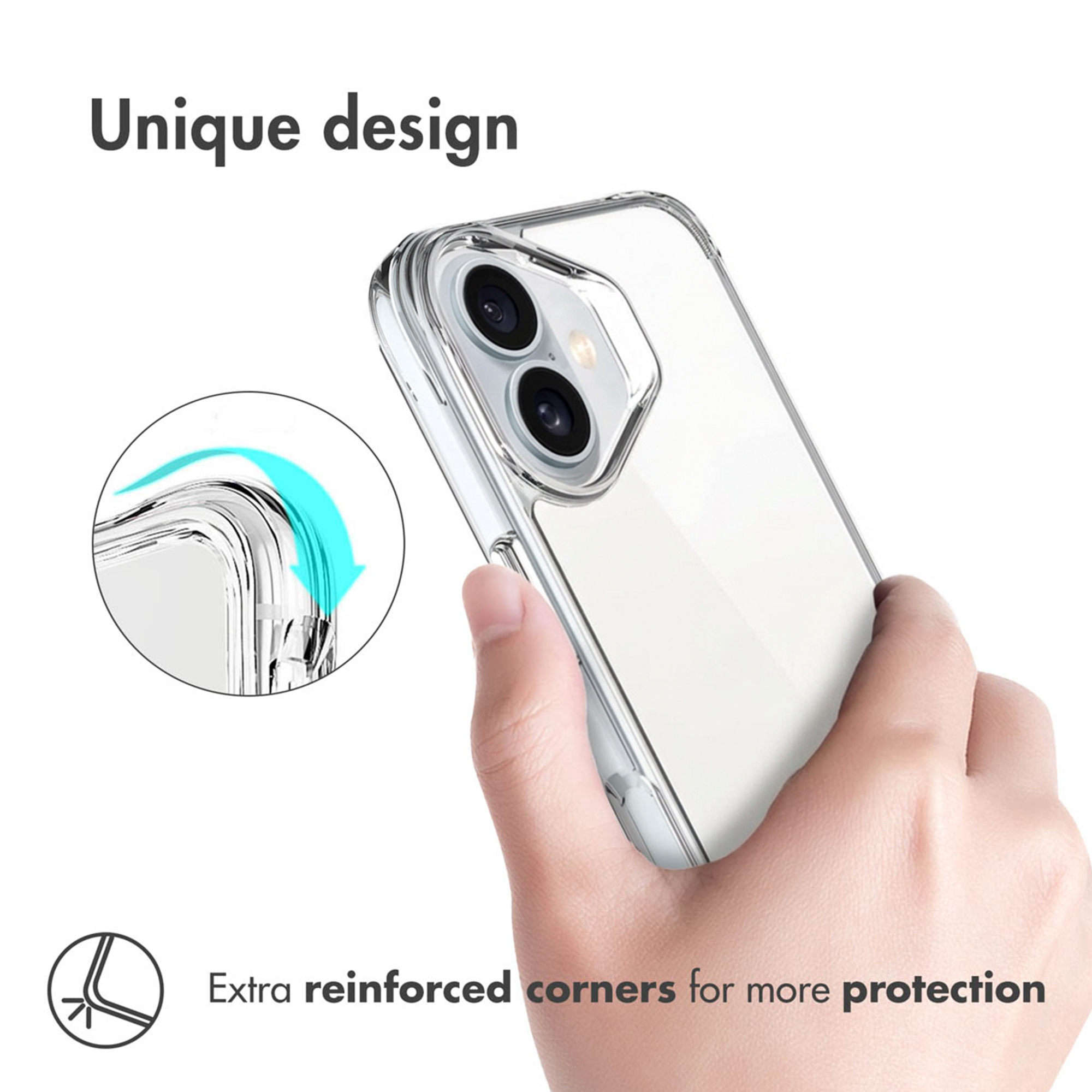 Mano sosteniendo una funda protectora transparente para teléfono con esquinas reforzadas.