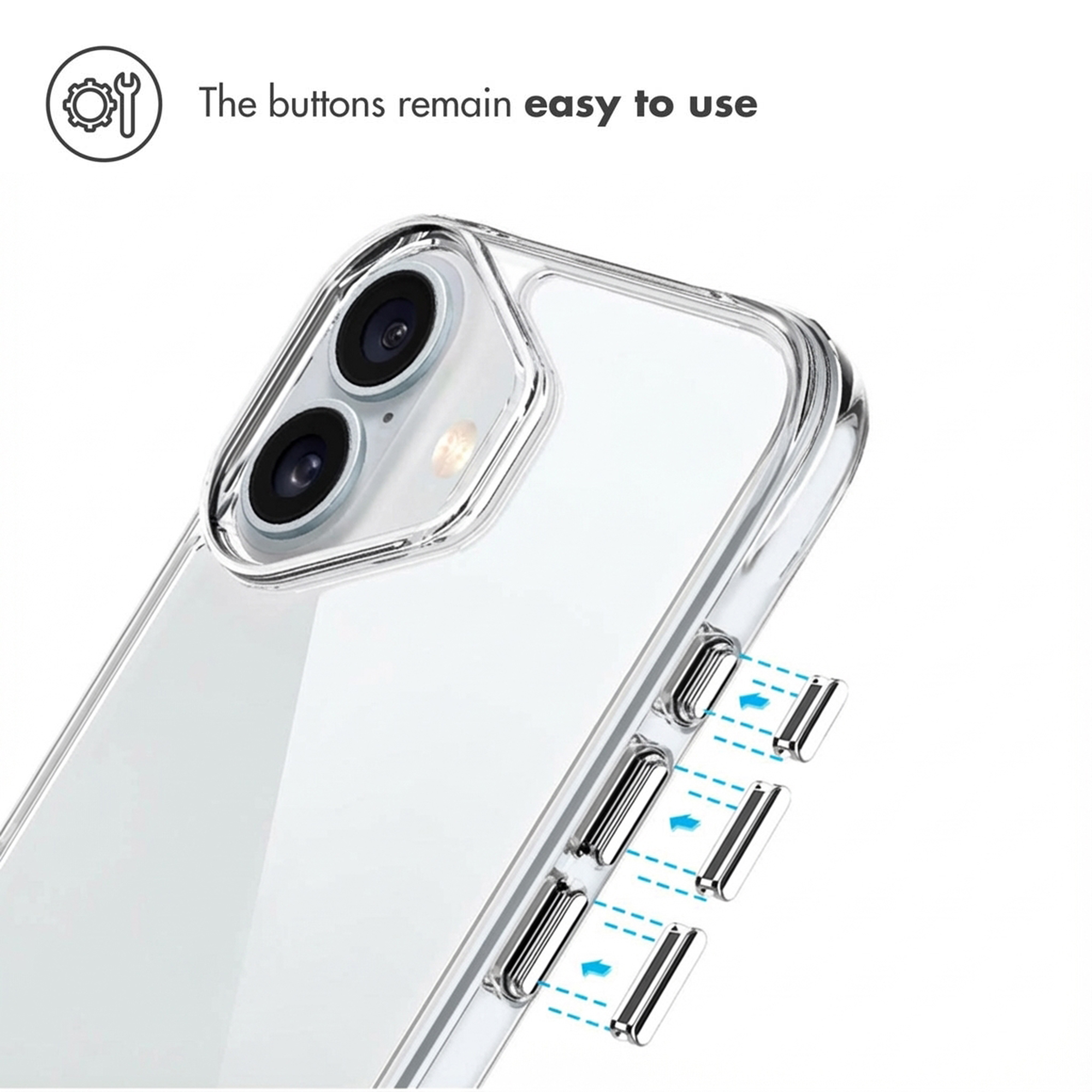 Funda de móvil transparente con recorte para cámara y botones laterales plateados extraíbles con flechas.