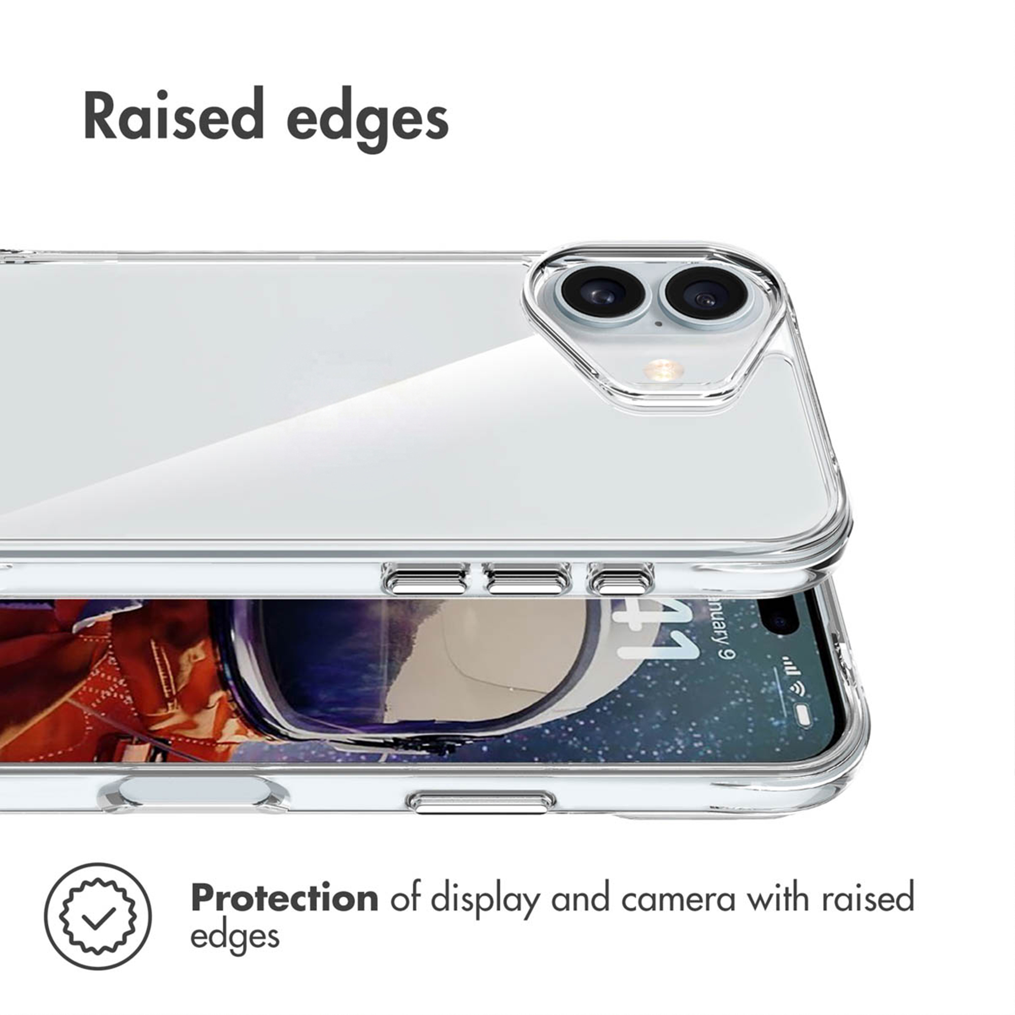 Una funda transparente muestra bordes elevados para proteger la pantalla y la cámara.