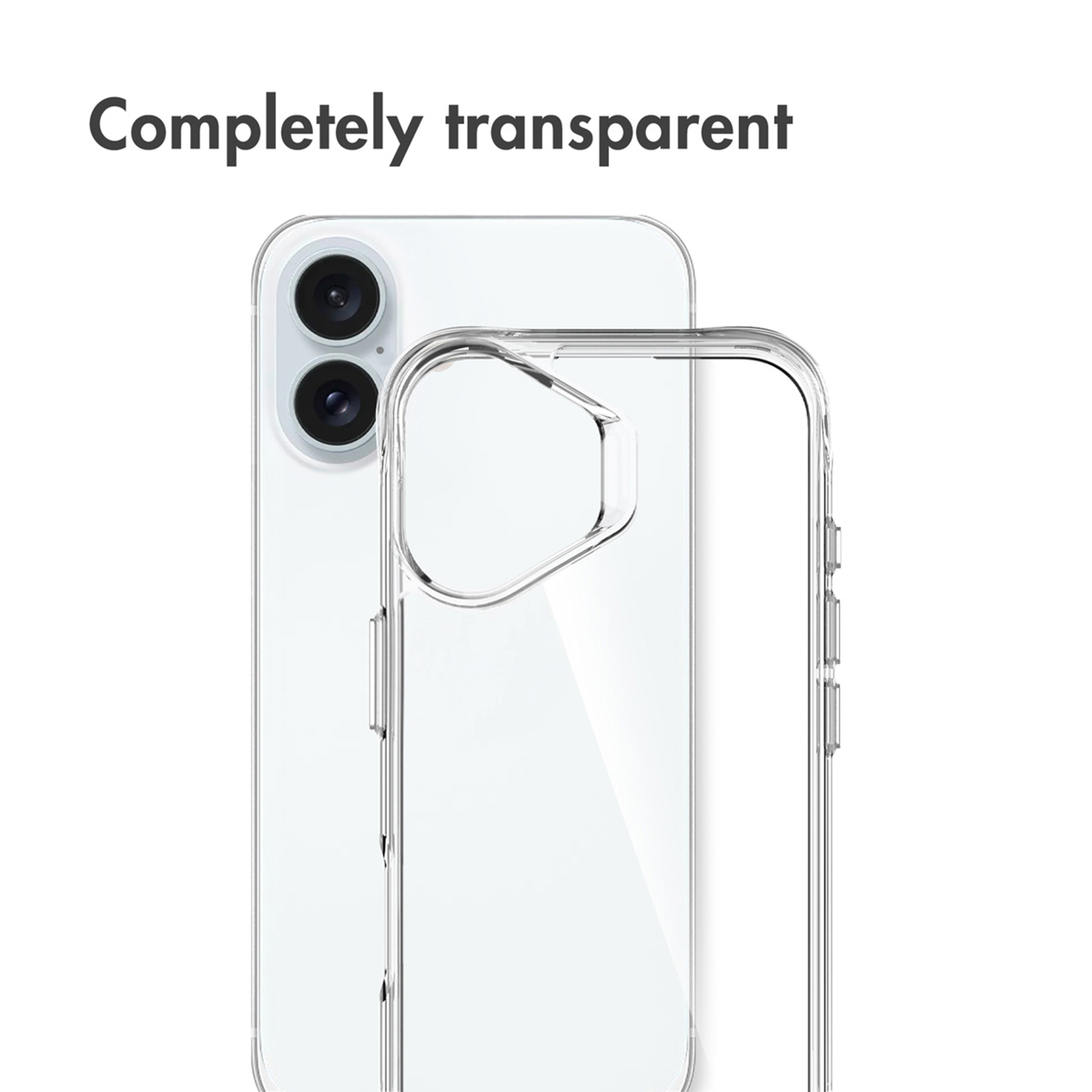 Un teléfono inteligente blanco con una funda protectora completamente transparente sobre un fondo blanco.