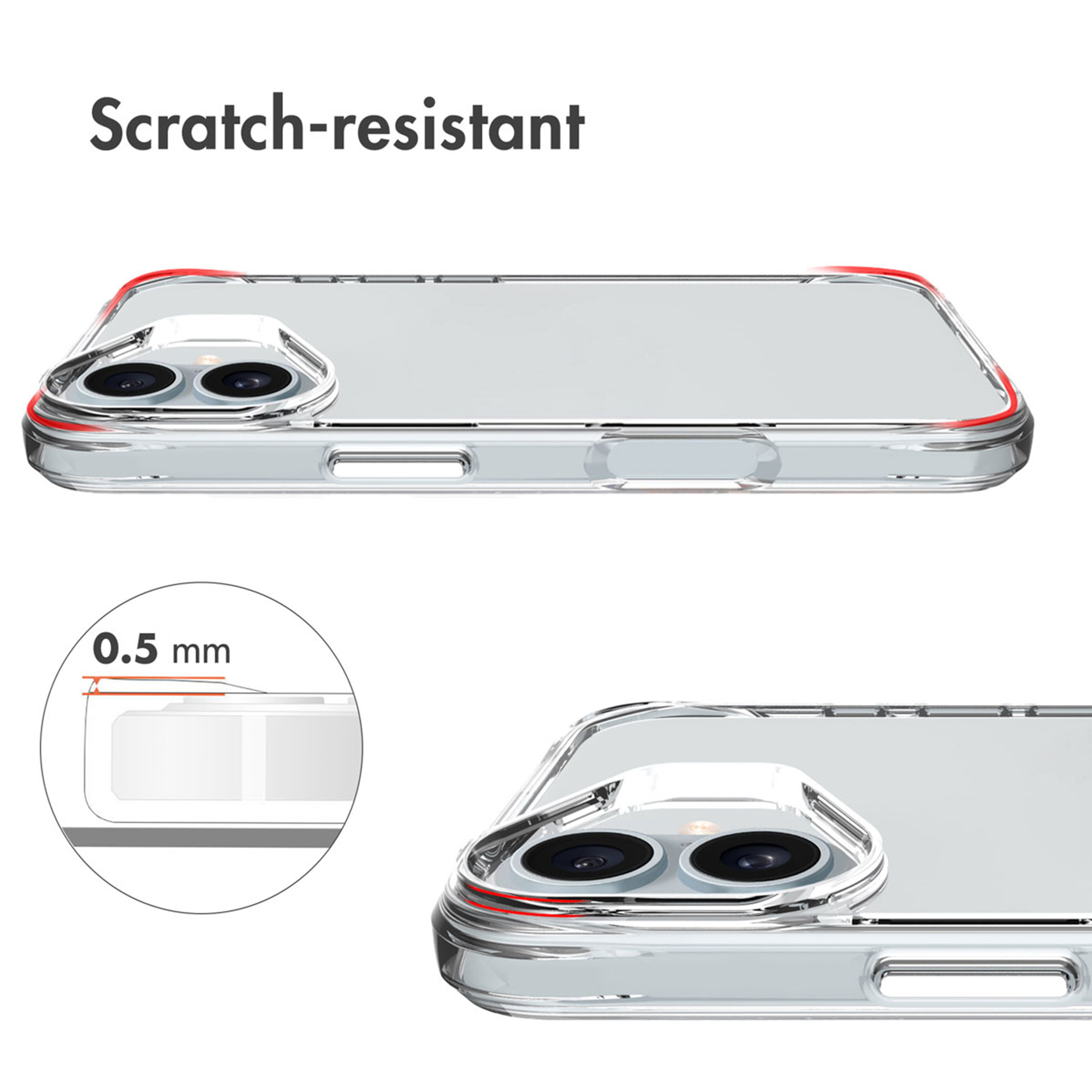 Funda transparente resistente a arañazos con esquinas y cámara protegidas.