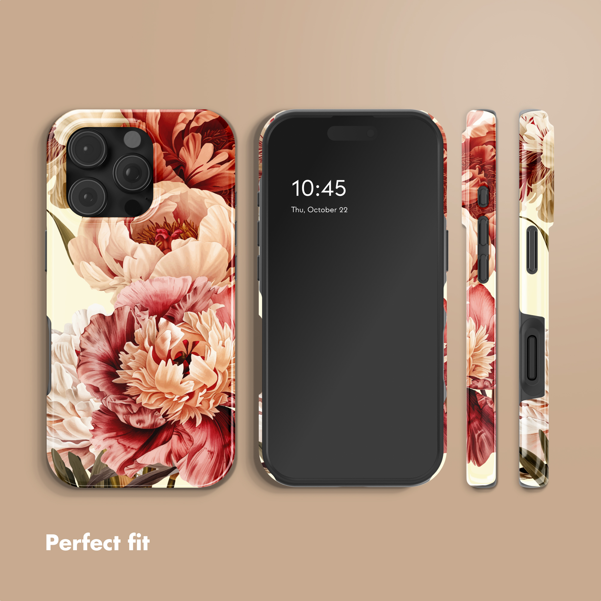Smartphone con design floreale in toni rossi e beige, visto da davanti, retro e lati.