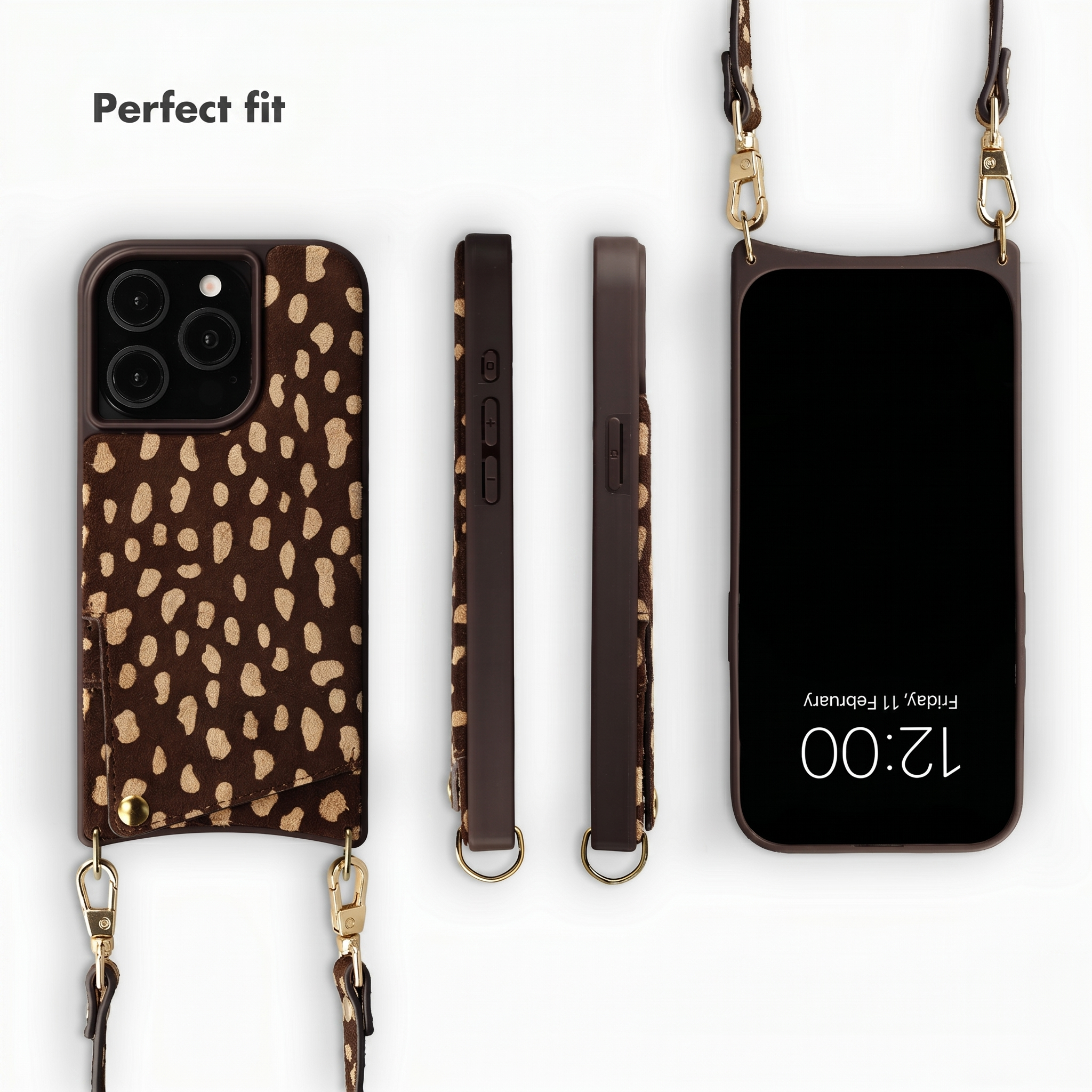 Coque de téléphone marron imprimé animal avec porte-cartes et lanière, vue sous plusieurs angles sur fond blanc.