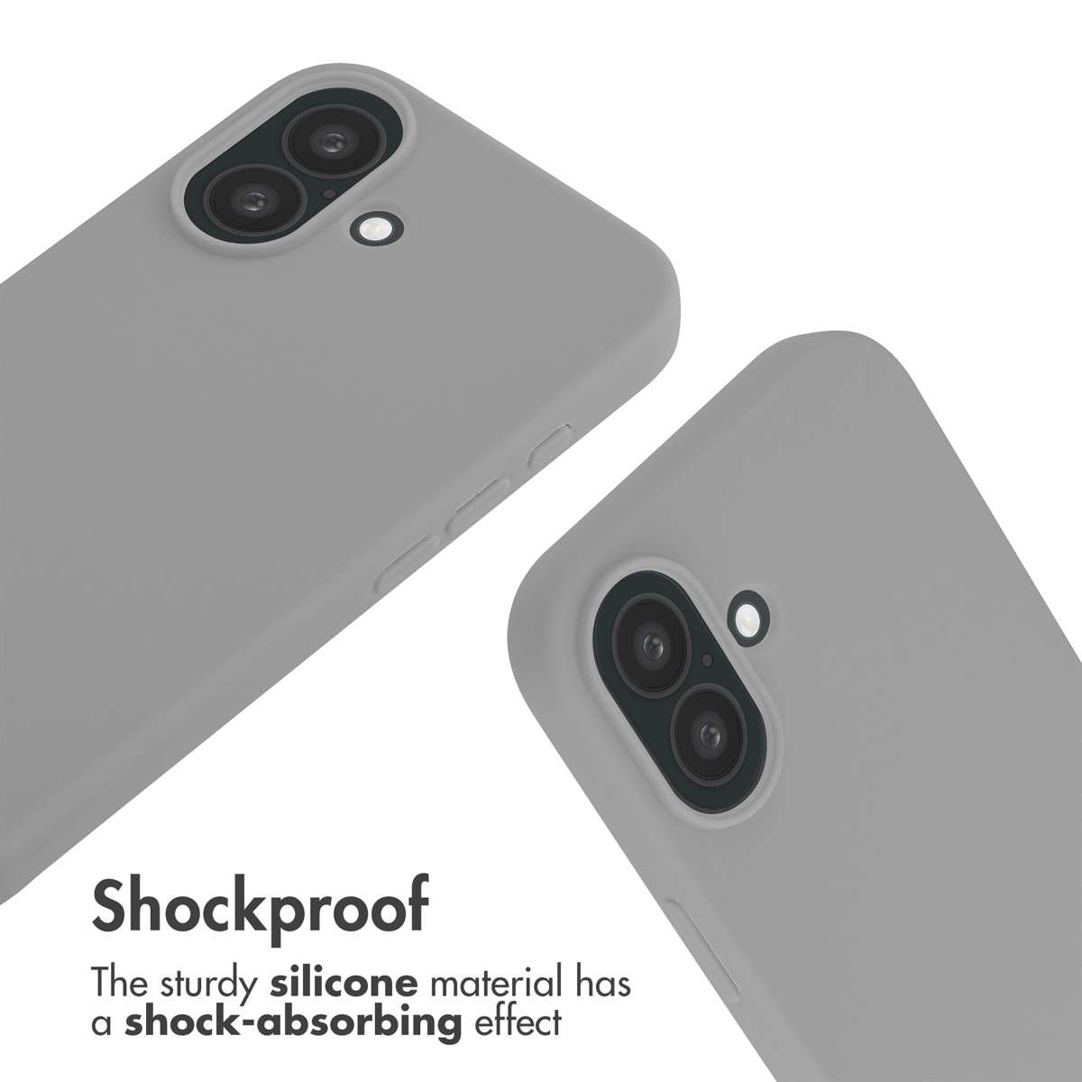 Dos fundas de móvil grises con doble cámara y texto 'Shockproof'.