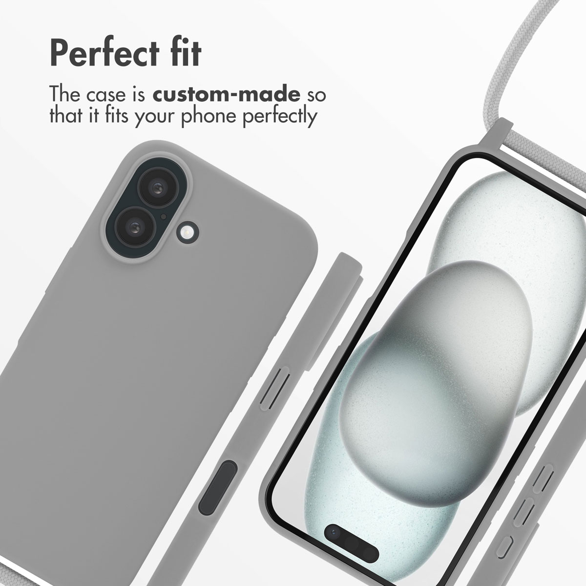 Una funda de móvil gris con correa, cámara dual y pantalla, con texto 'Perfect fit'.