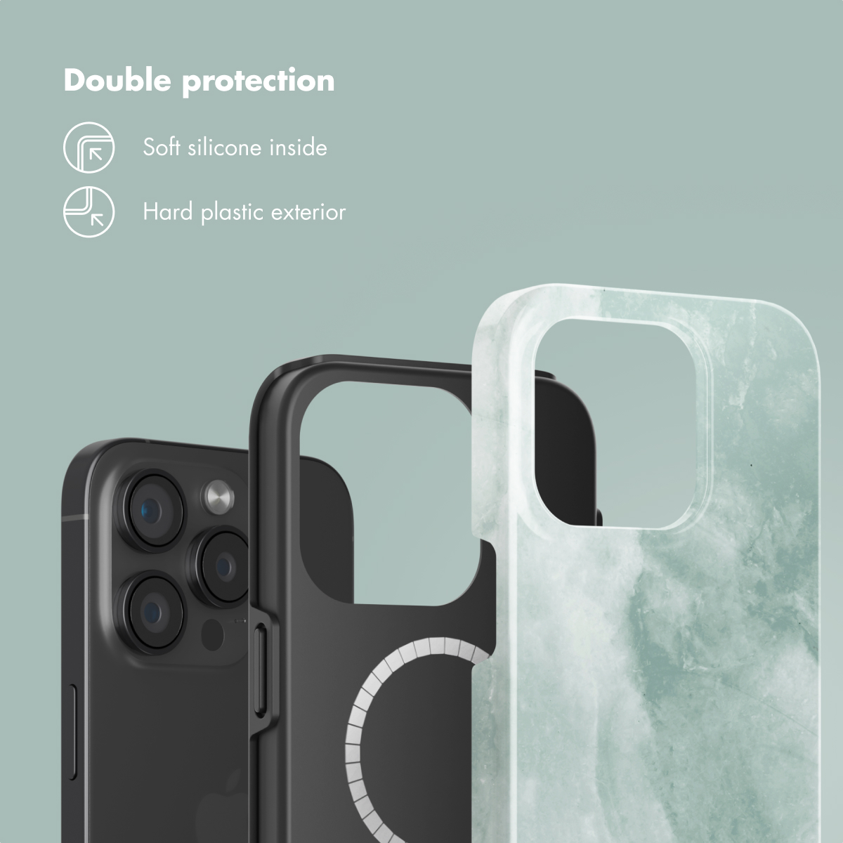 Doppelter Schutz mit weichem Silikon innen und harter Plastikaußenseite für das Smartphone.