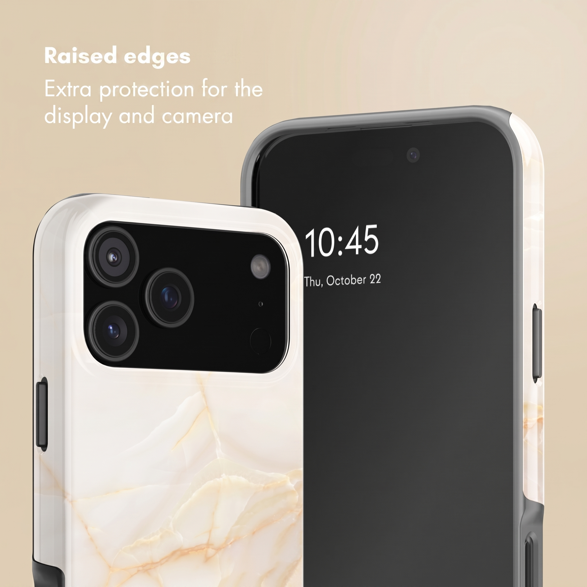 Zwei Smartphones mit weiß-marmoriertem Case, die Text 'Raised edges' und 'Extra protection' zeigen.