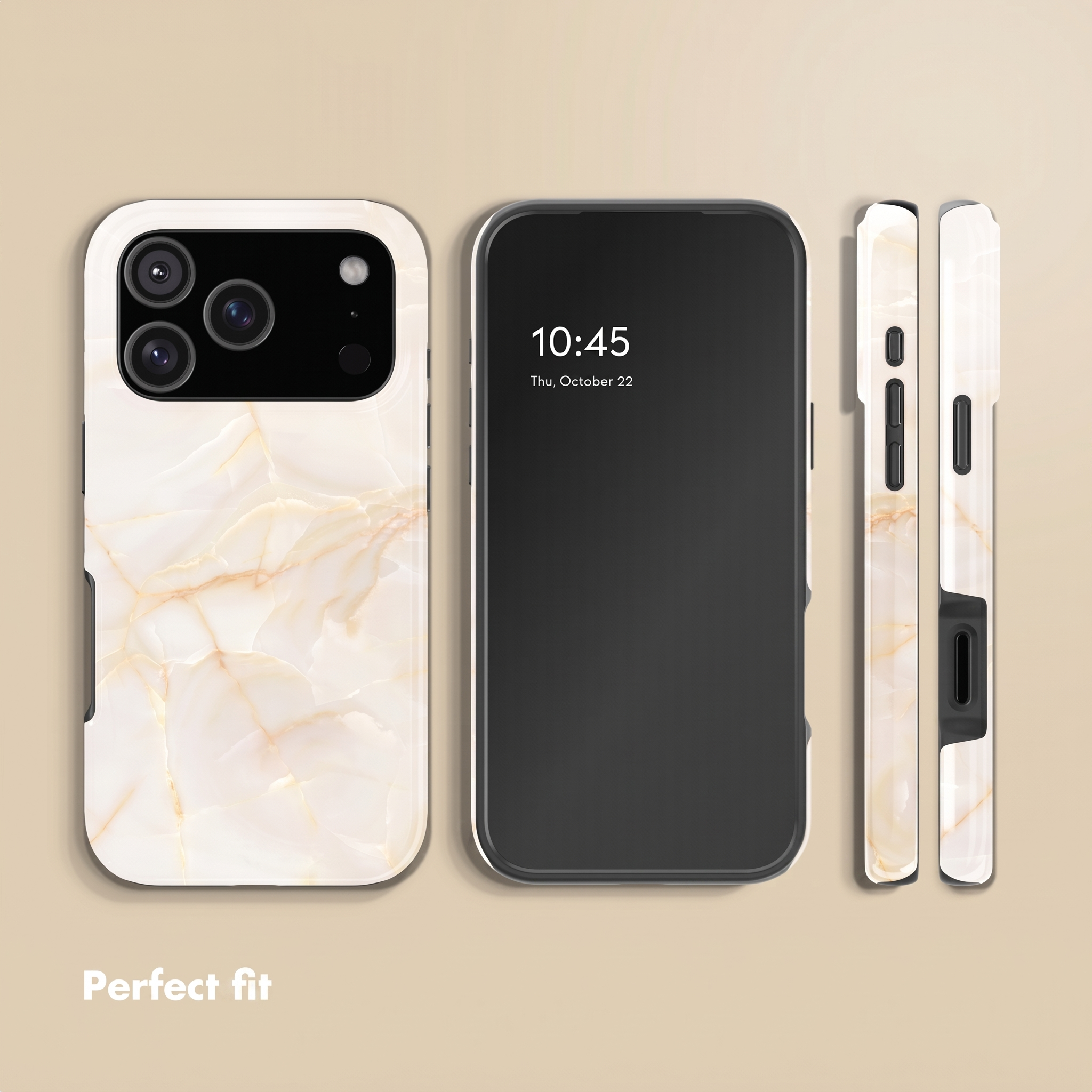 Smartphone mit weiß-marmoriertem Case von vorne, hinten und der Seite auf beigem Hintergrund.