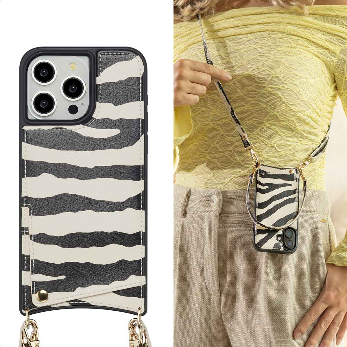 Coque de téléphone à motif zèbre et lanière portée par une personne.