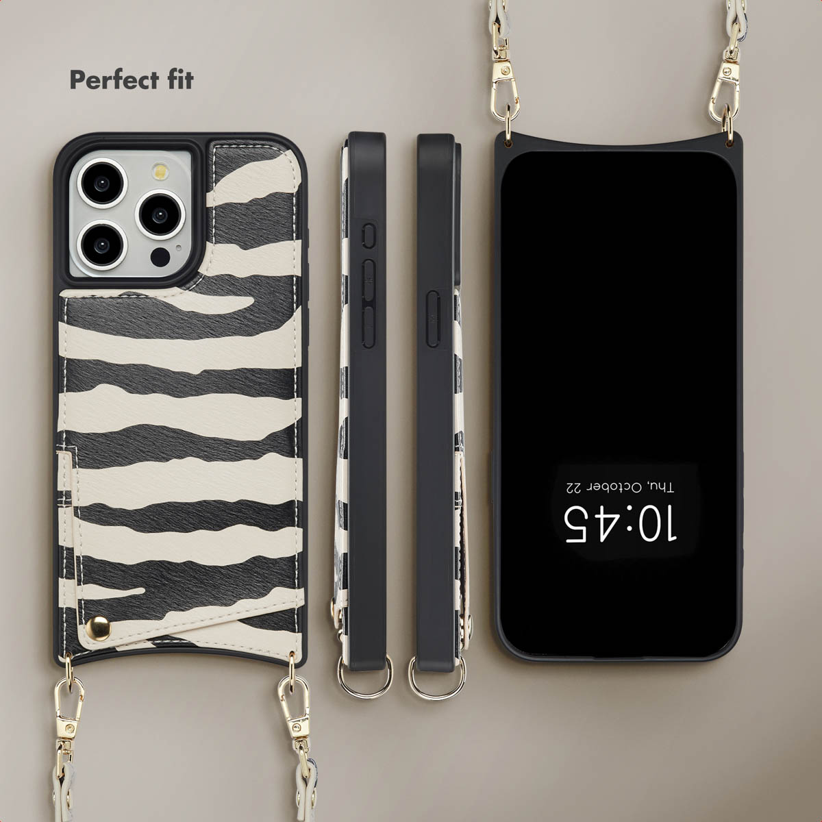 Coque de téléphone avec motif zébré et lanière sous plusieurs angles.