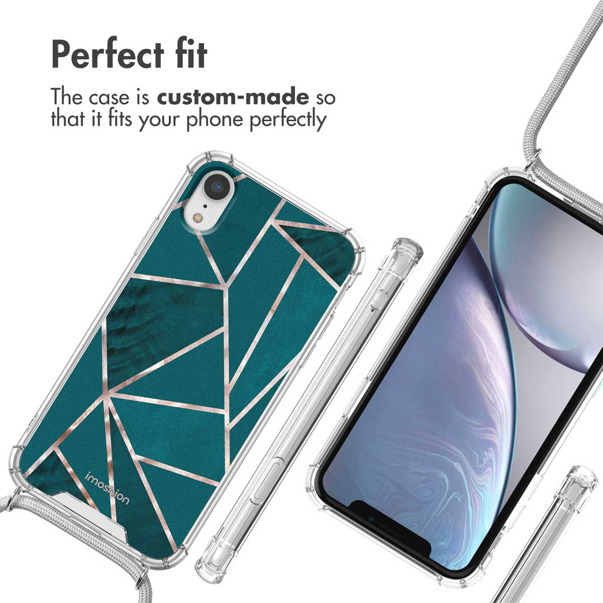 Funda para móvil con patrón geométrico verde, cordón y texto 'Perfect fit'.