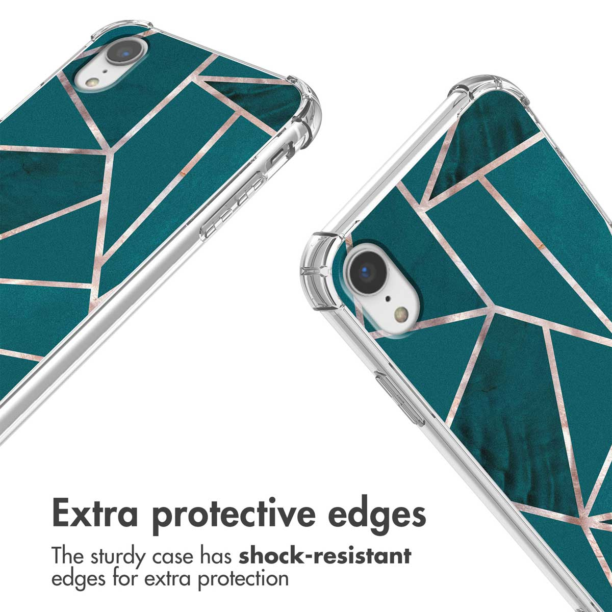 Funda de teléfono con mármol verde oscuro y líneas geométricas en oro rosa, con bordes extra protectores.