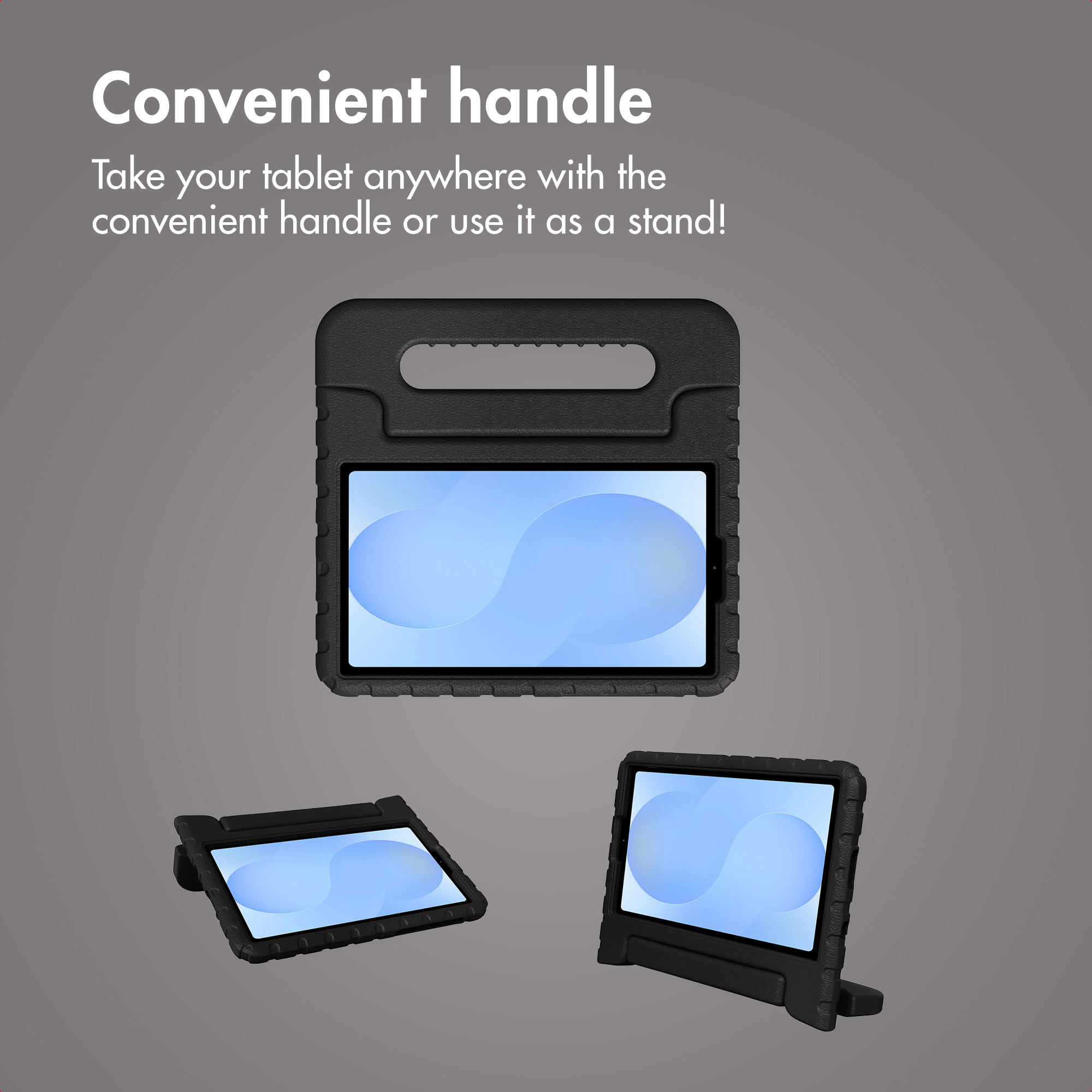 Coque de tablette noire avec poignée pratique servant aussi de support.