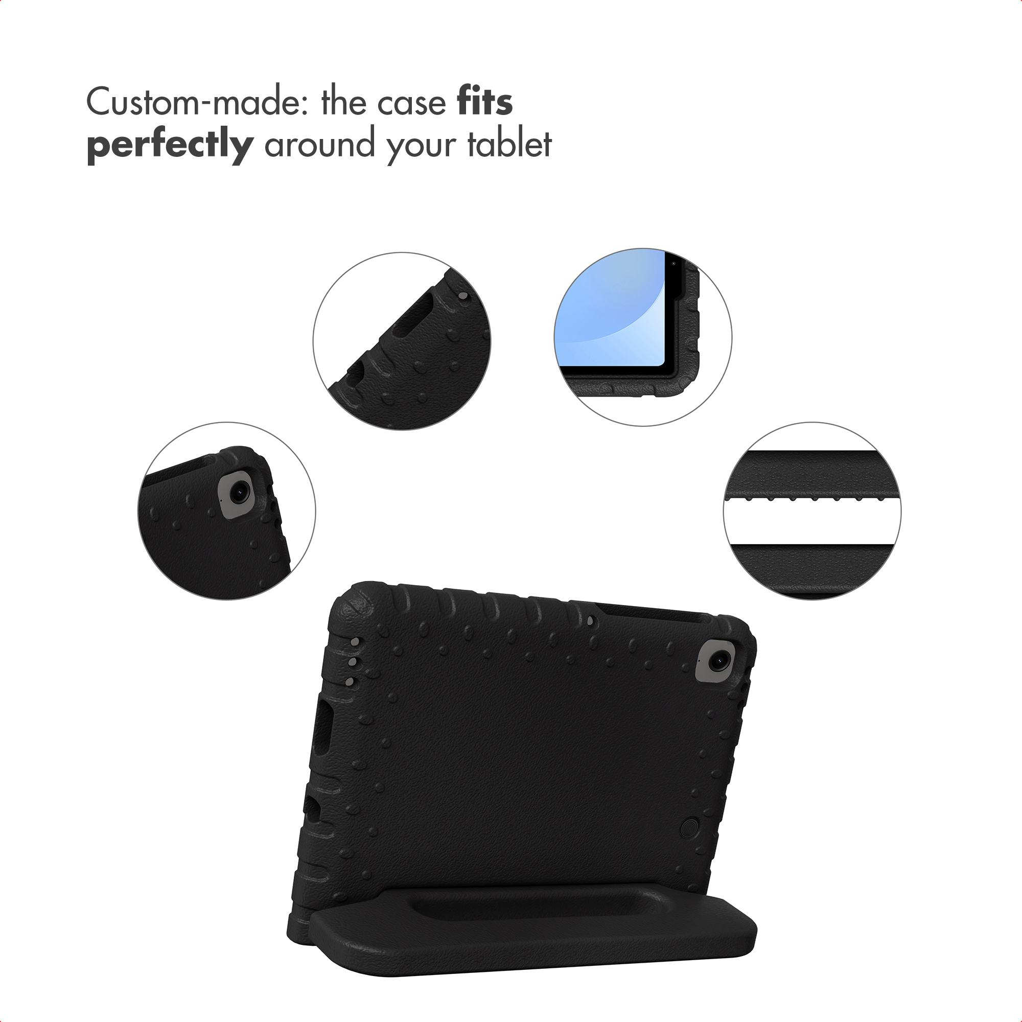 Étui de protection noir pour tablette avec quatre cercles de détail et texte.