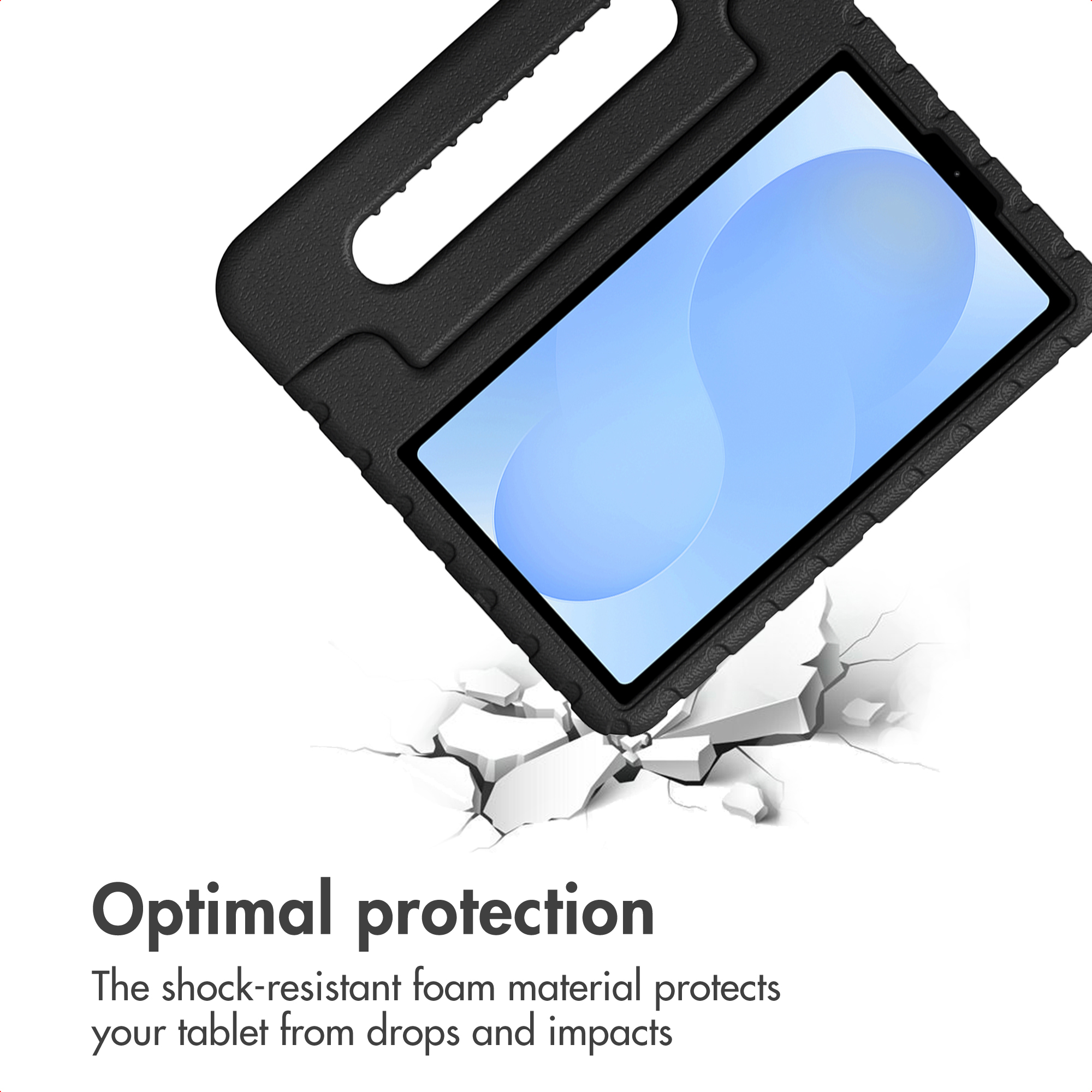 Une tablette dans une coque noire sur fond blanc fissuré, avec le texte "Optimal protection".