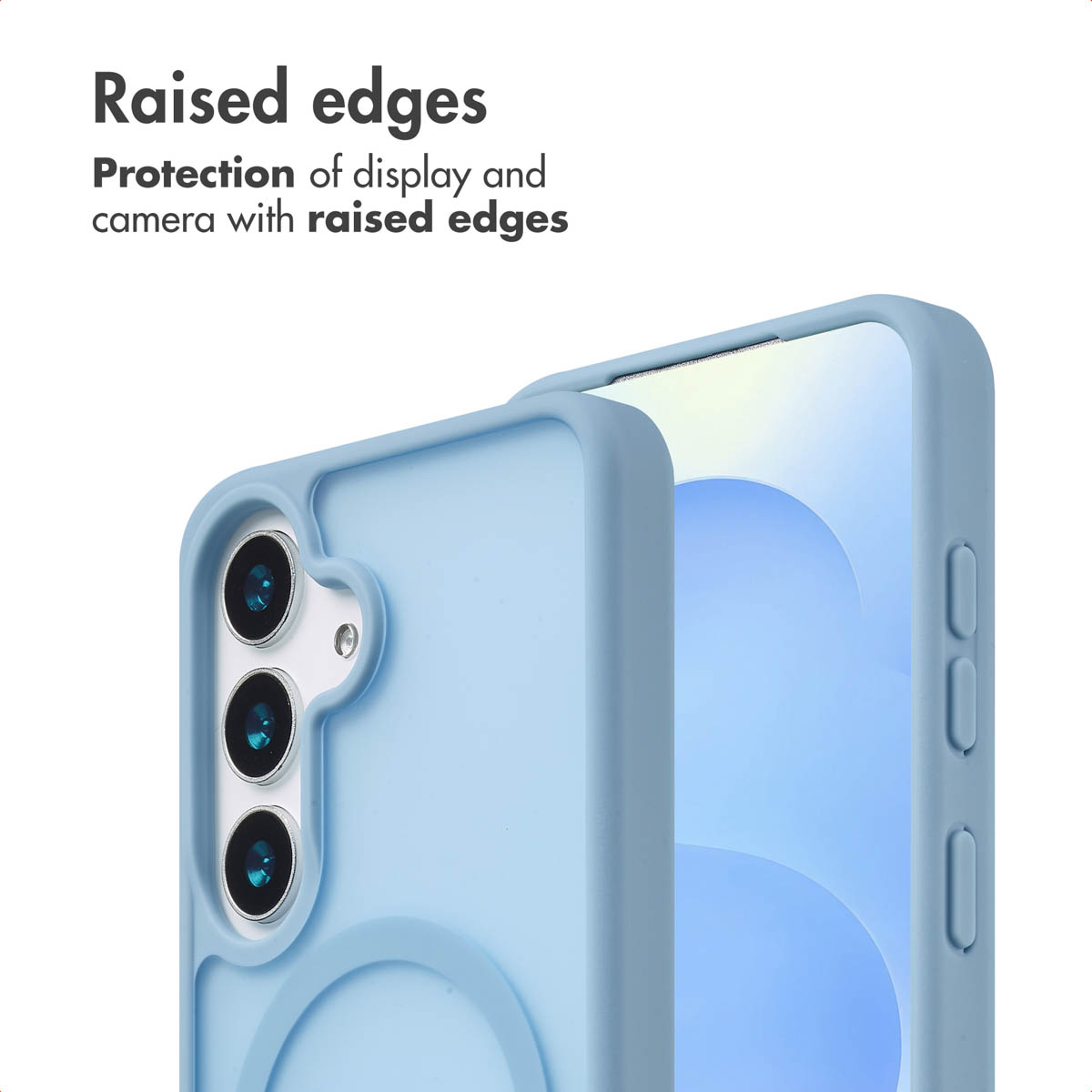 Cover per telefono azzurra con bordi rialzati per proteggere schermo e fotocamera.