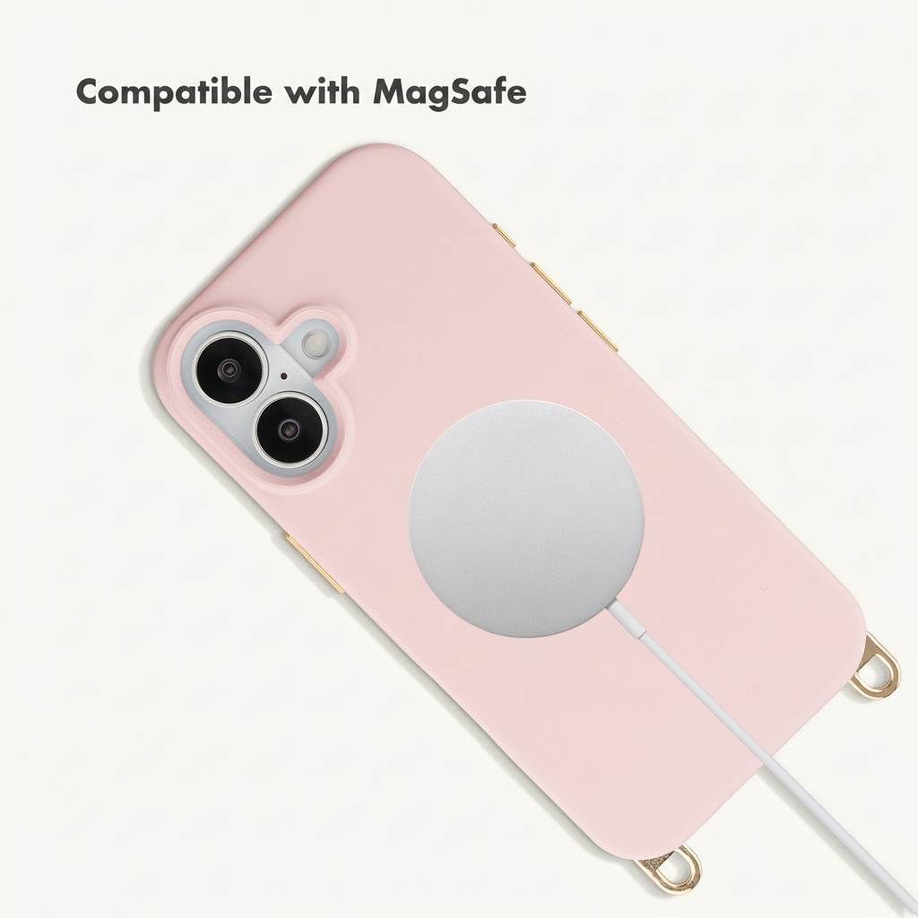 Funda de teléfono rosa sobre fondo blanco con un cargador MagSafe redondo y detalles dorados.